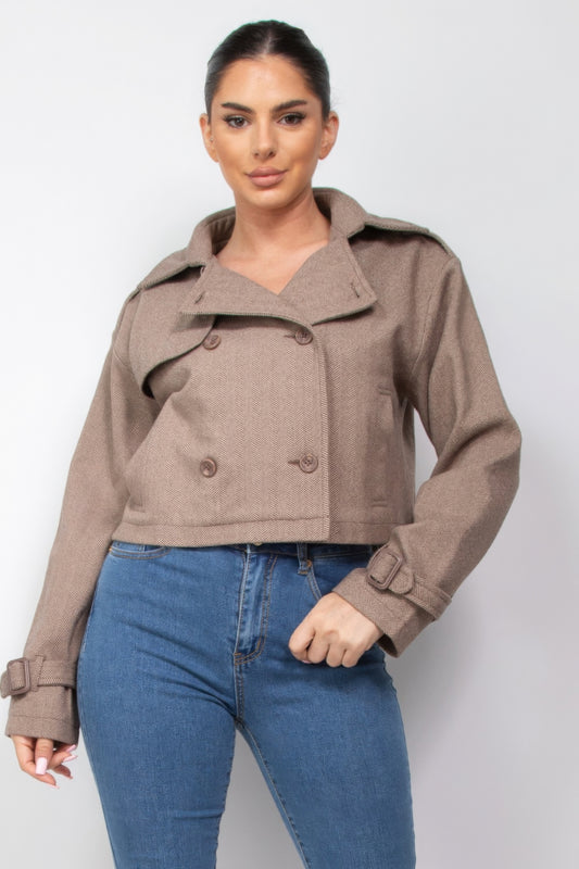 Notch Buckled Sleeve Crop Trench Coat - ShopEasier