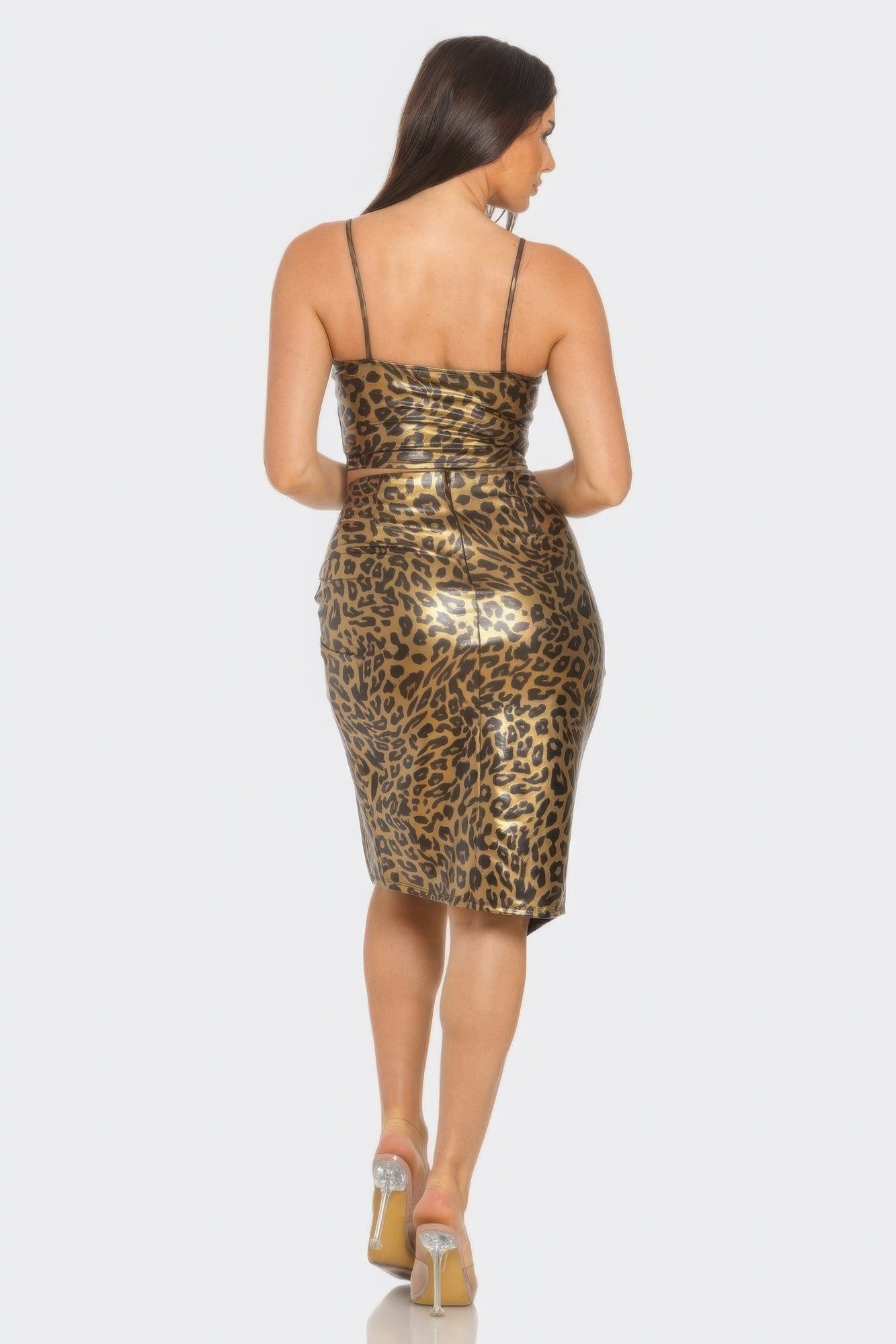 Pu Cheetah Print Top & Front Wrap Slit Skirt Set - ShopEasier