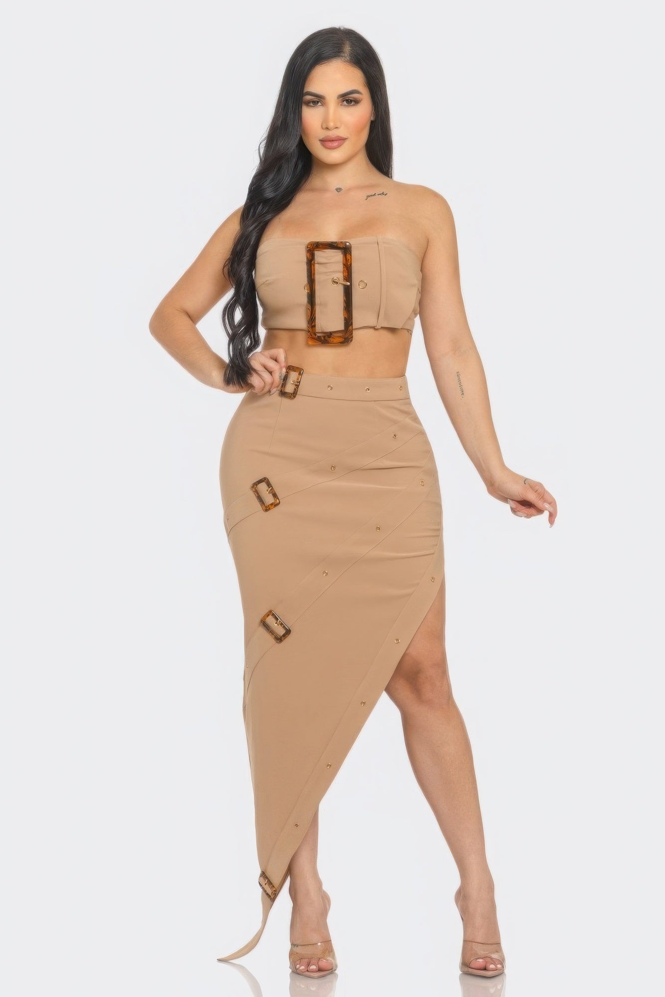 Front Eyelet Buckle Belt Top And Skirt Set - ShopEasier