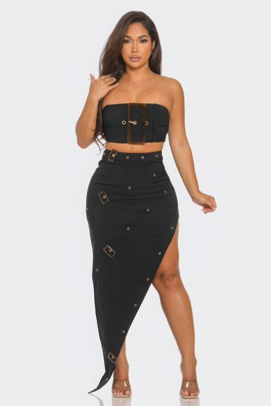 Front Eyelet Buckle Belt Top And Skirt Set - ShopEasier