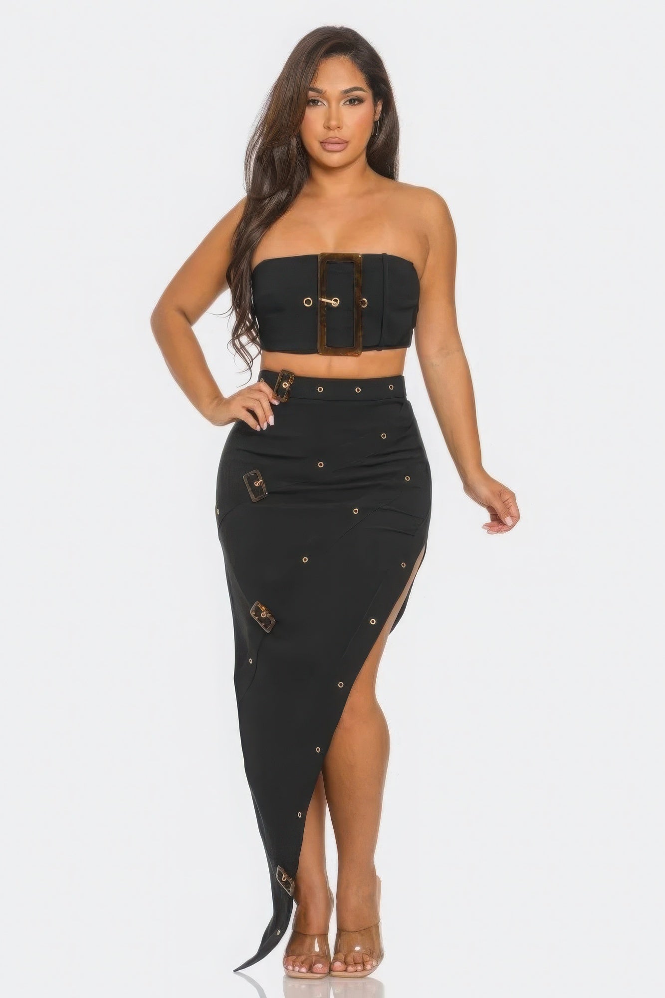 Front Eyelet Buckle Belt Top And Skirt Set - ShopEasier