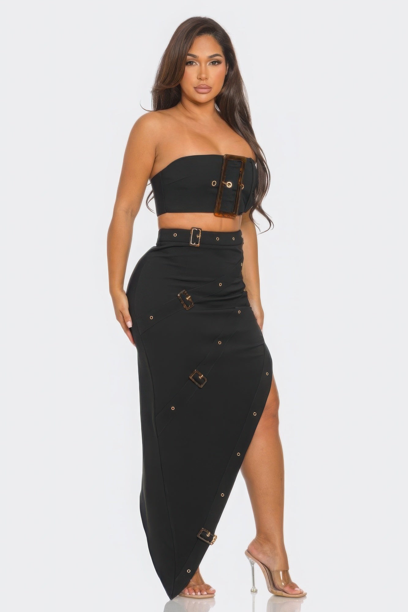 Front Eyelet Buckle Belt Top And Skirt Set - ShopEasier