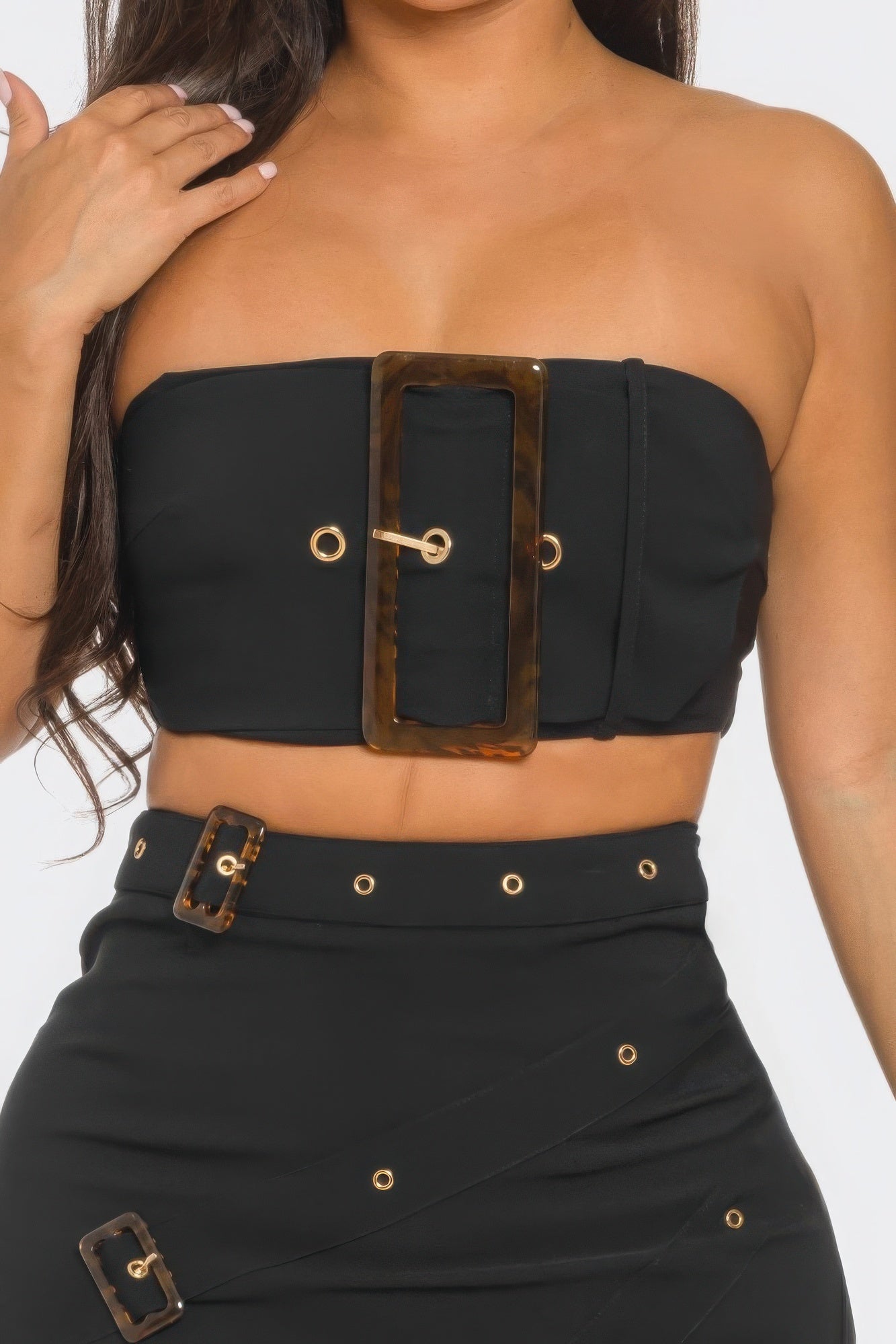 Front Eyelet Buckle Belt Top And Skirt Set - ShopEasier