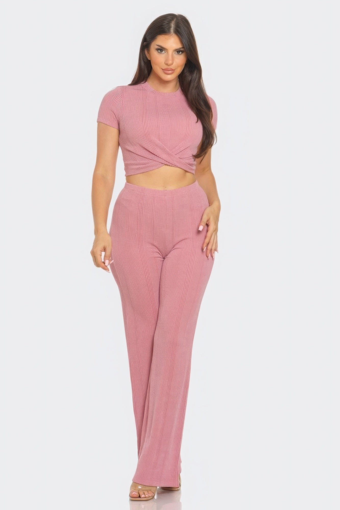 Front Twist Detail Top And Flare Pants Set - ShopEasier