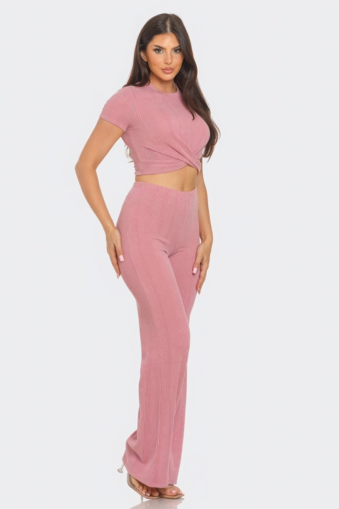 Front Twist Detail Top And Flare Pants Set - ShopEasier