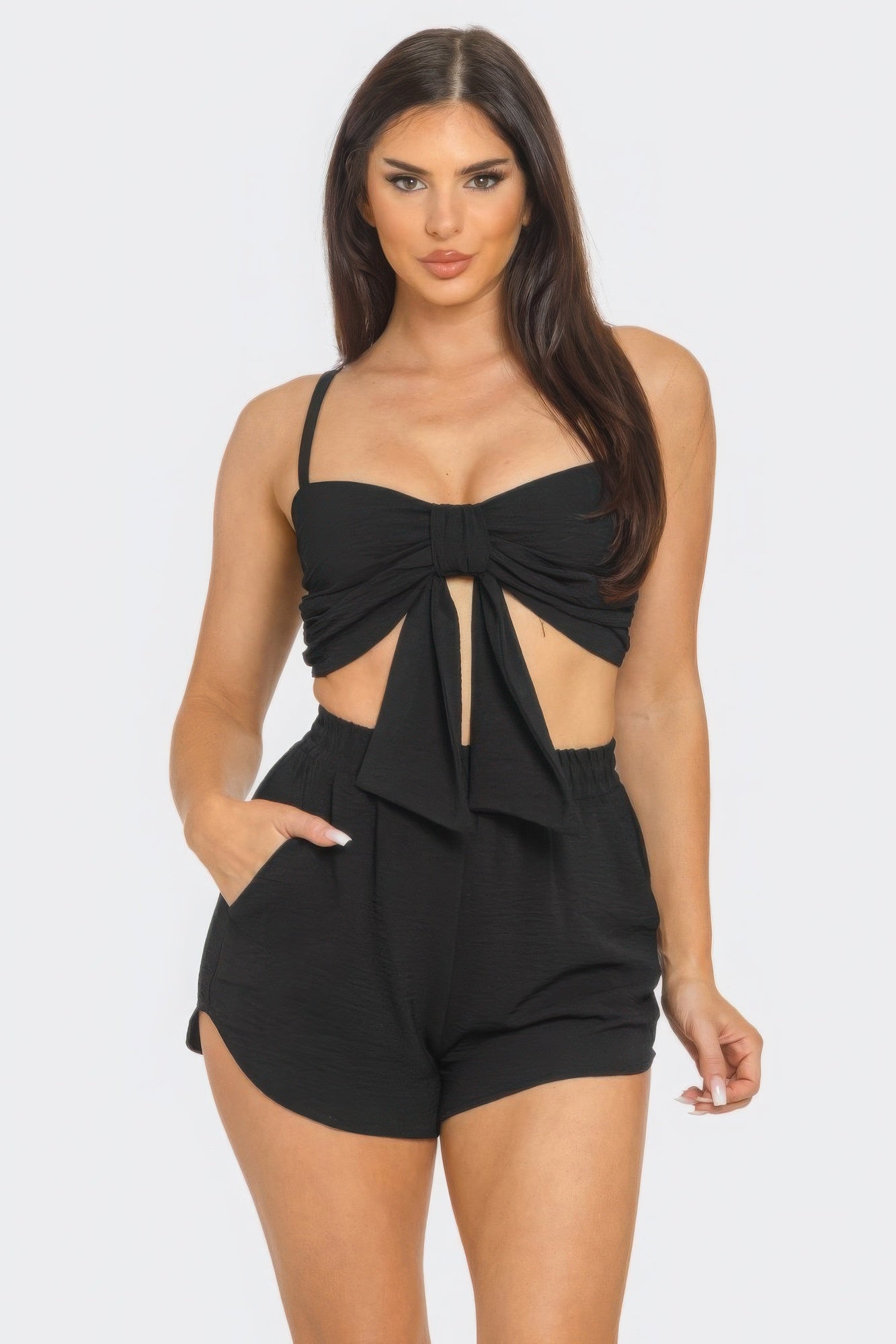 Front Oversized Bow Twisted Tie Top And Shorts Set - ShopEasier