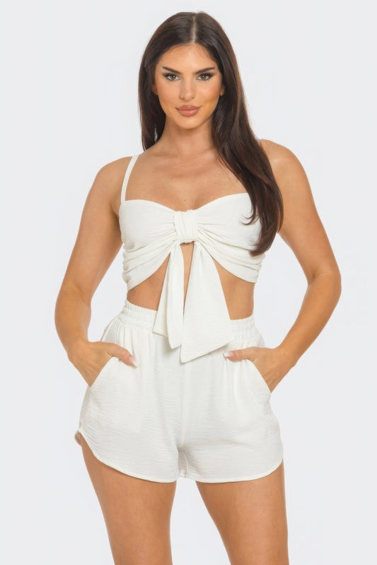 Front Oversized Bow Twisted Tie Top And Shorts Set - ShopEasier