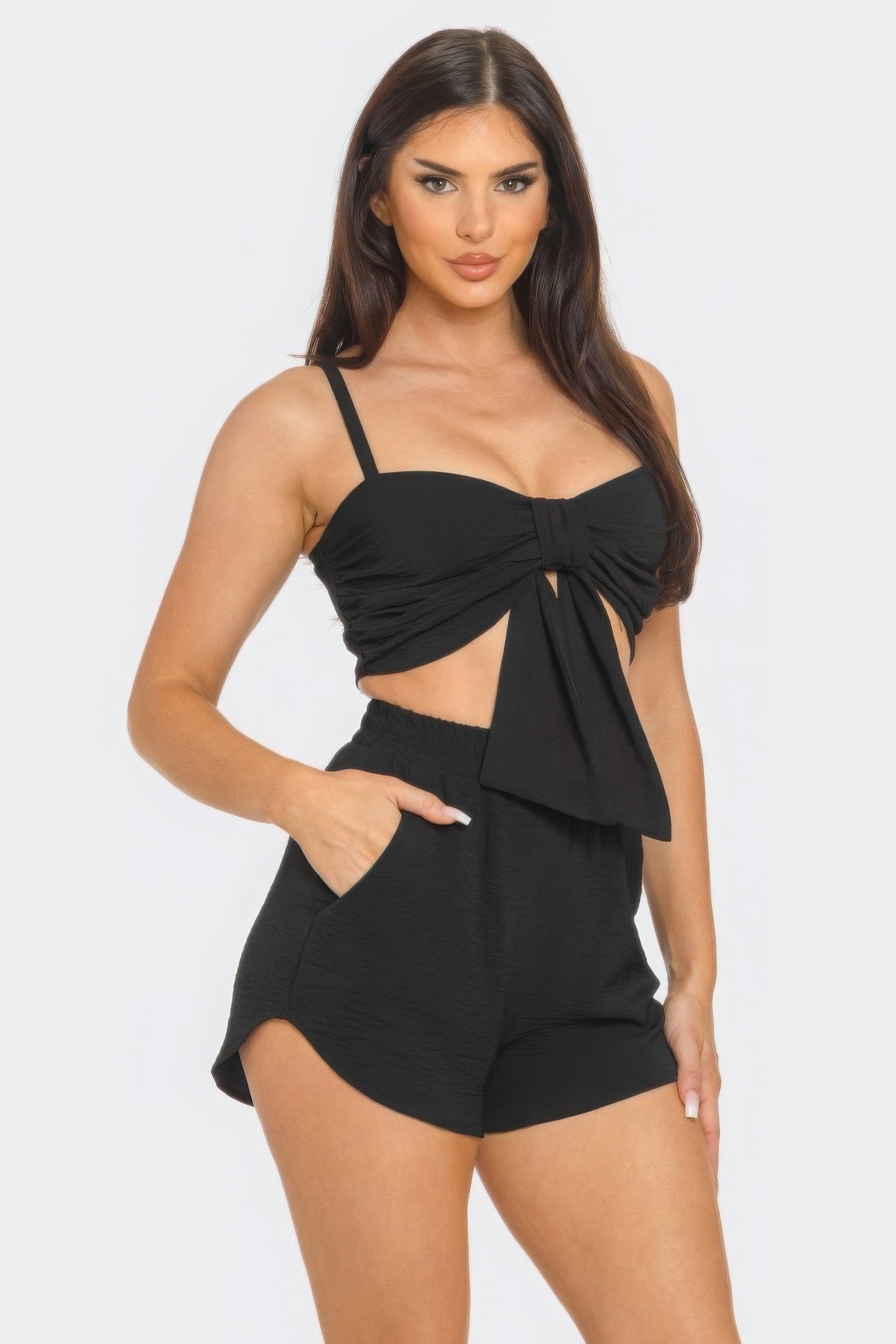 Front Oversized Bow Twisted Tie Top And Shorts Set - ShopEasier