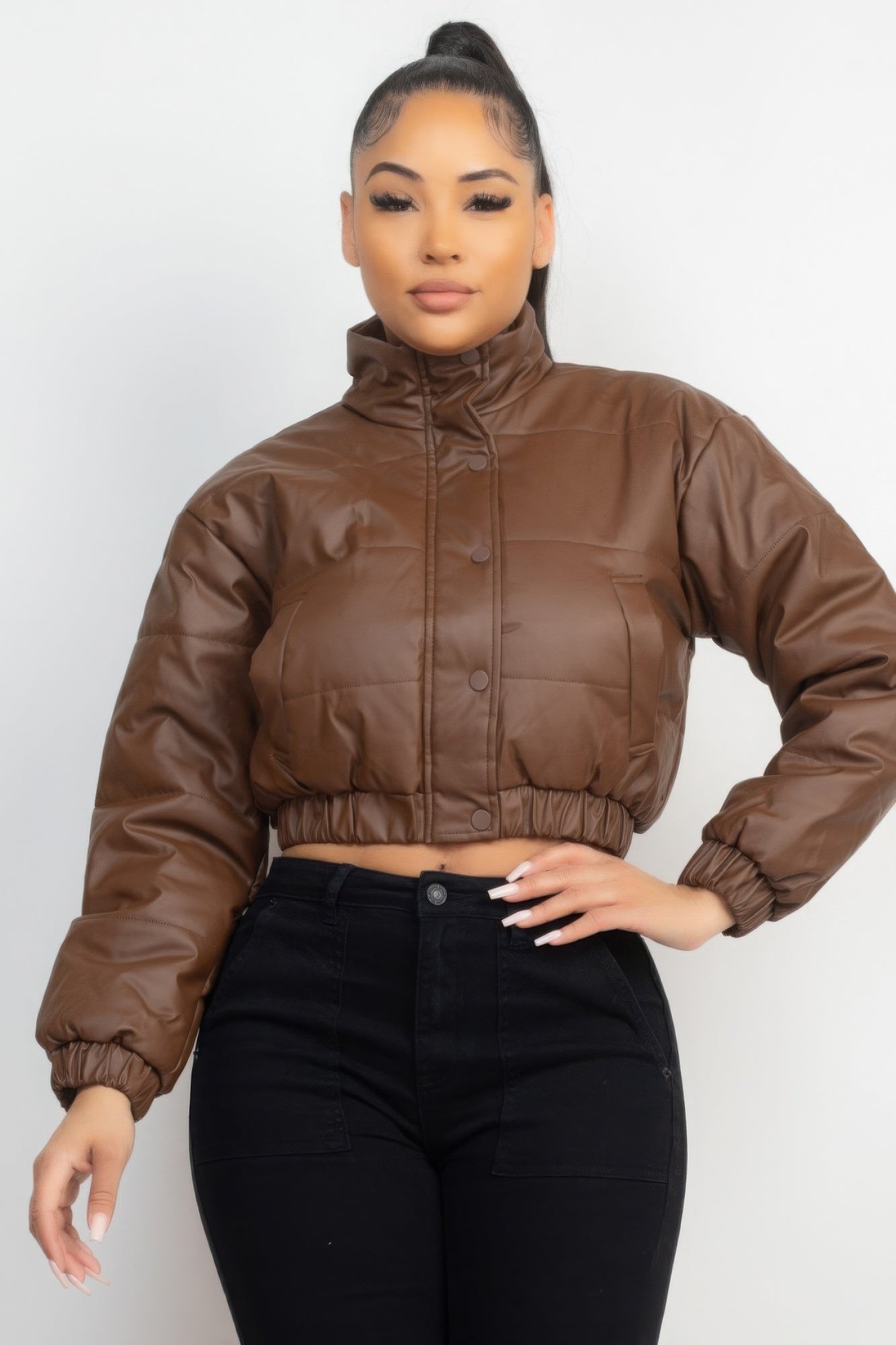 Snap Button Padded Crop Jacket - ShopEasier