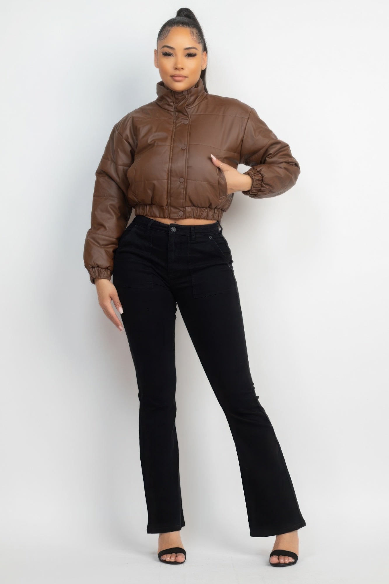 Snap Button Padded Crop Jacket - ShopEasier