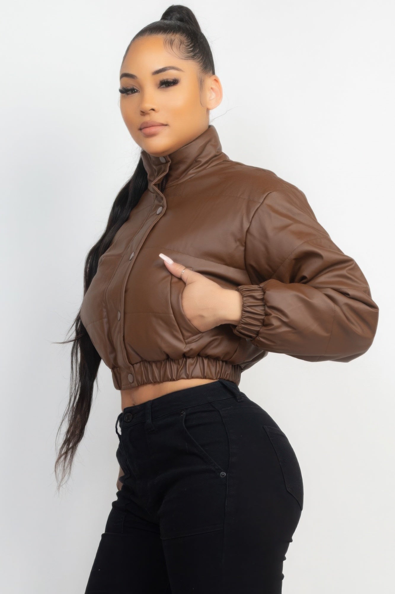 Snap Button Padded Crop Jacket - ShopEasier