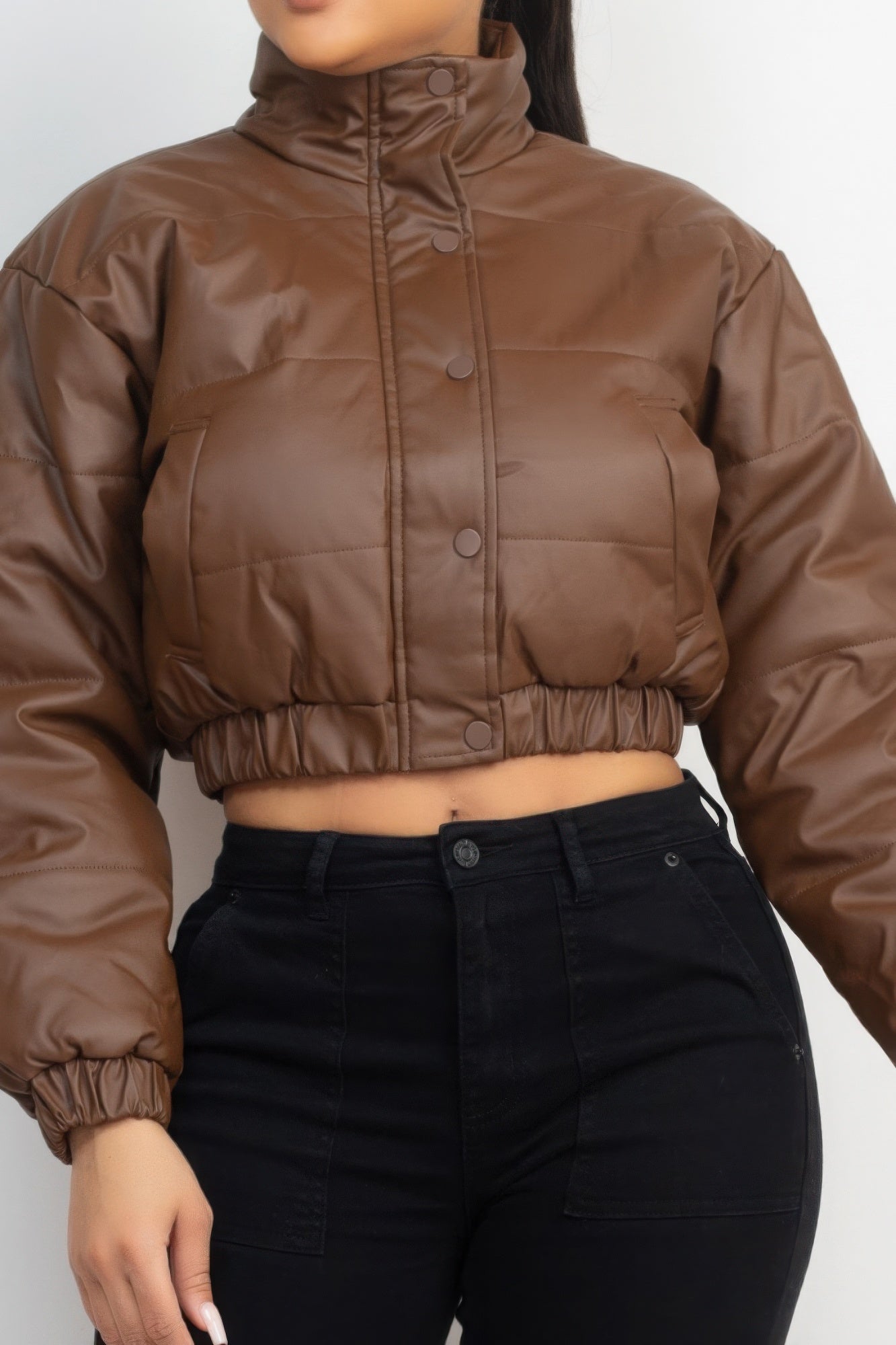 Snap Button Padded Crop Jacket - ShopEasier