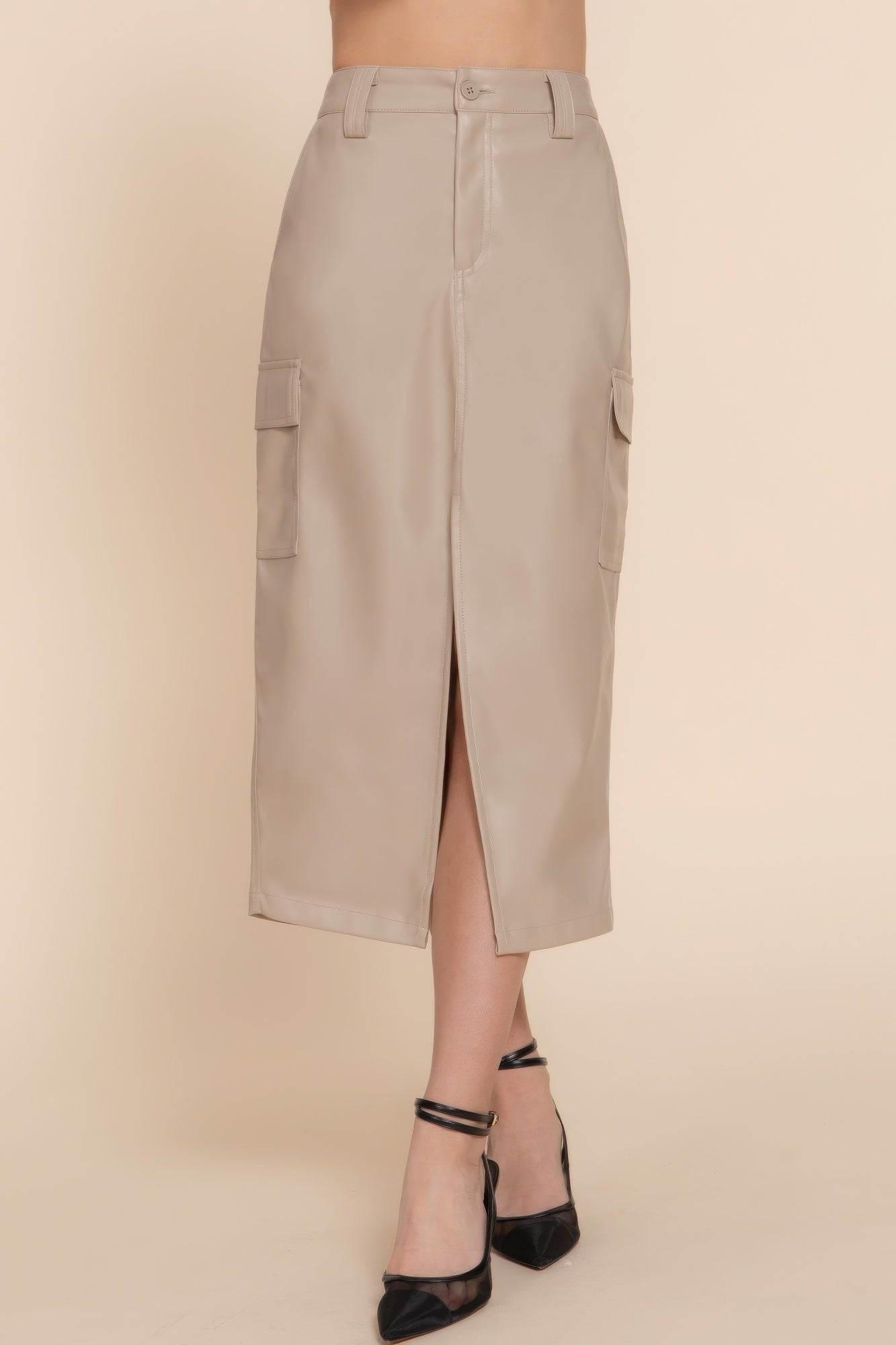 Faux Leather Midi Cargo Skirt - ShopEasier