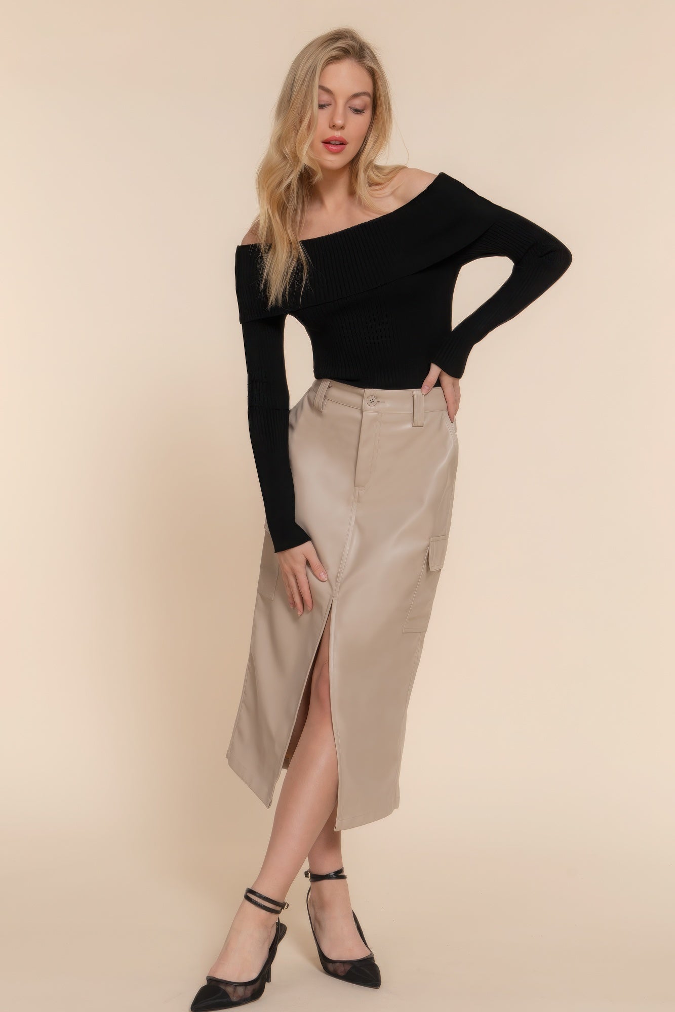 Faux Leather Midi Cargo Skirt - ShopEasier