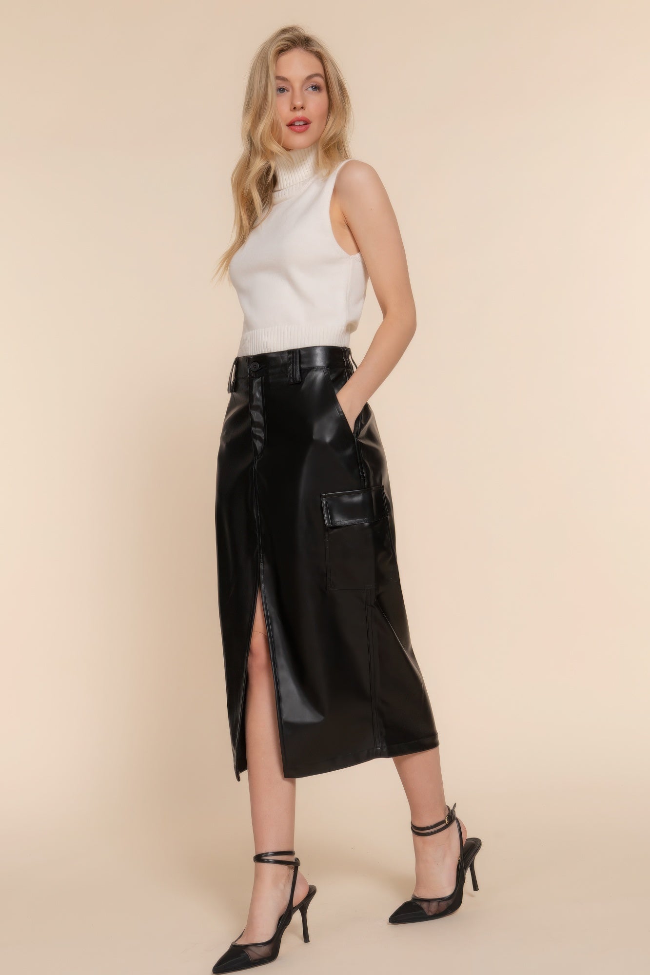 Faux Leather Midi Cargo Skirt - ShopEasier