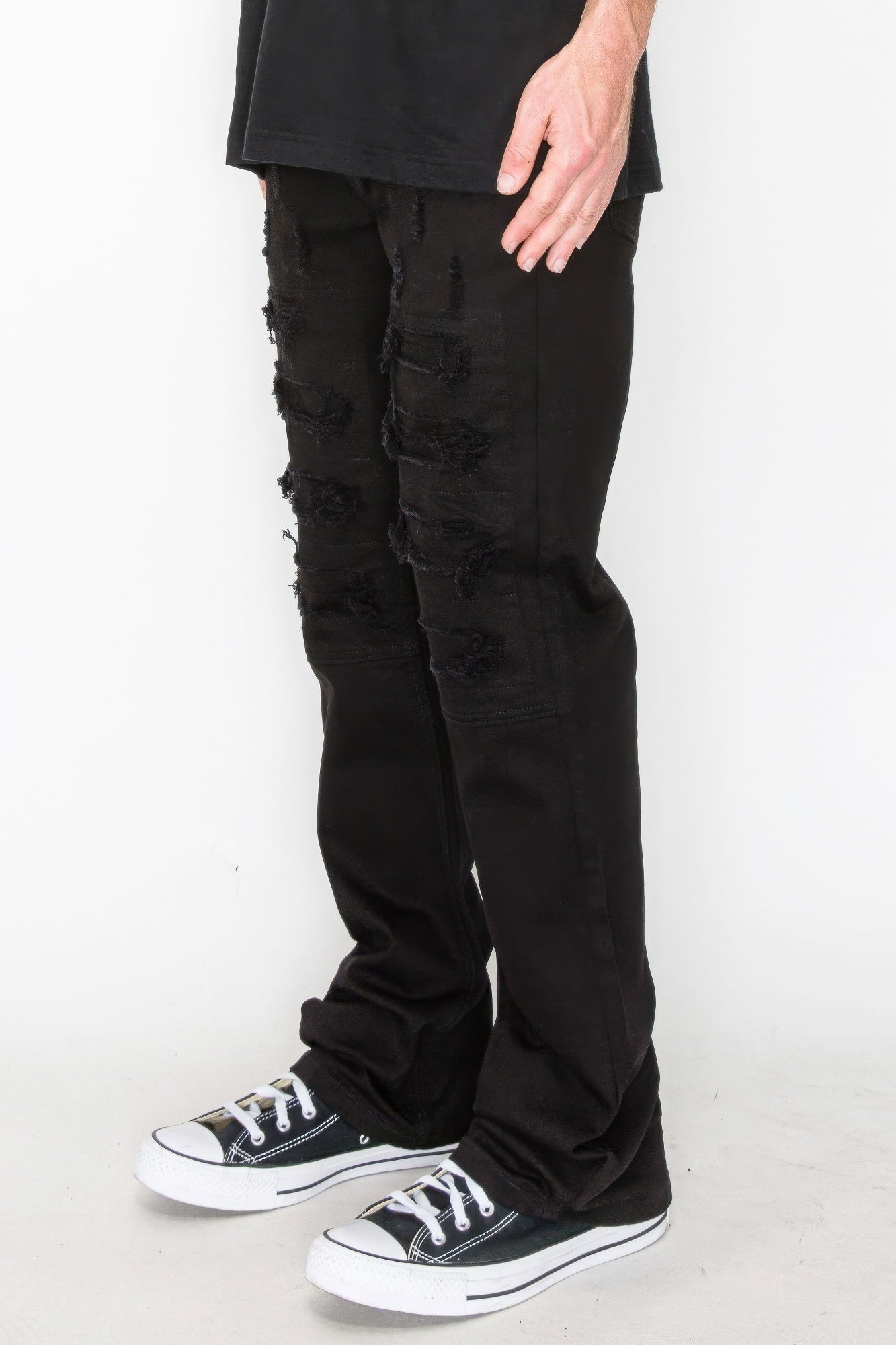 Distressed Black Bootcut Jeans with Rip & Repair Details