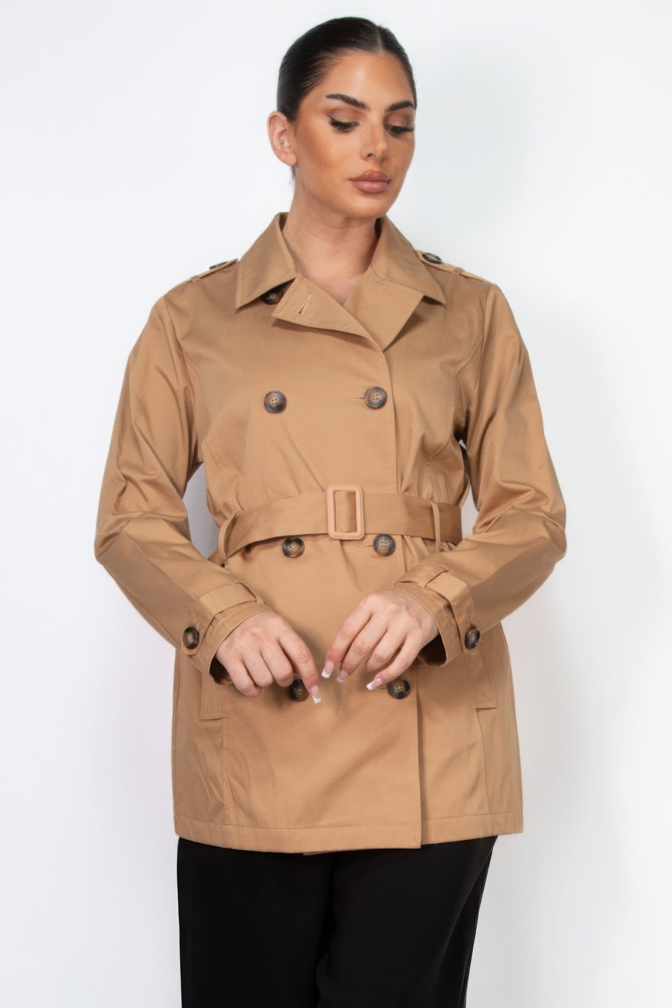 Double-breasted Notch Belted Coat - ShopEasier