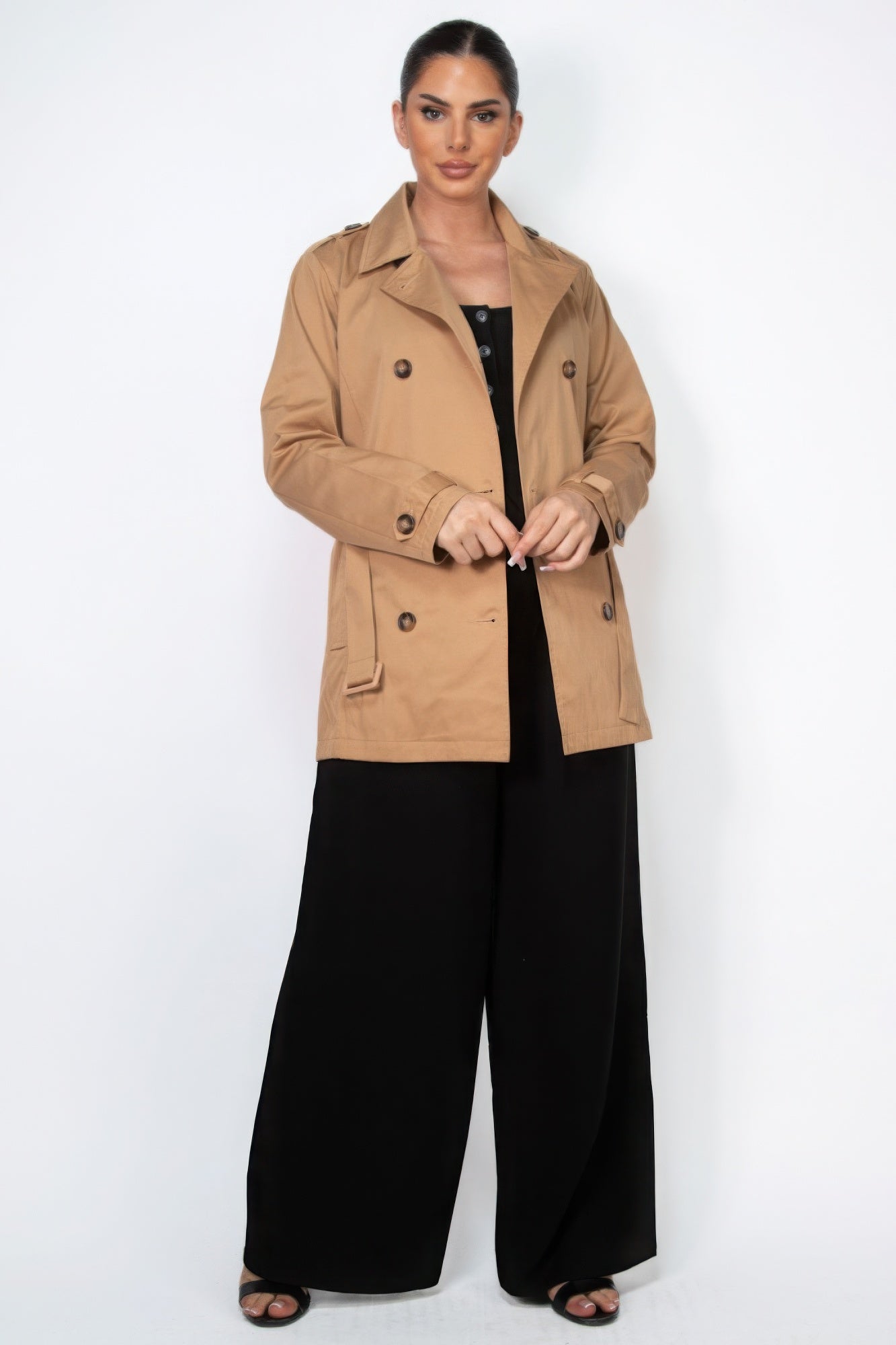 Double-breasted Notch Belted Coat - ShopEasier