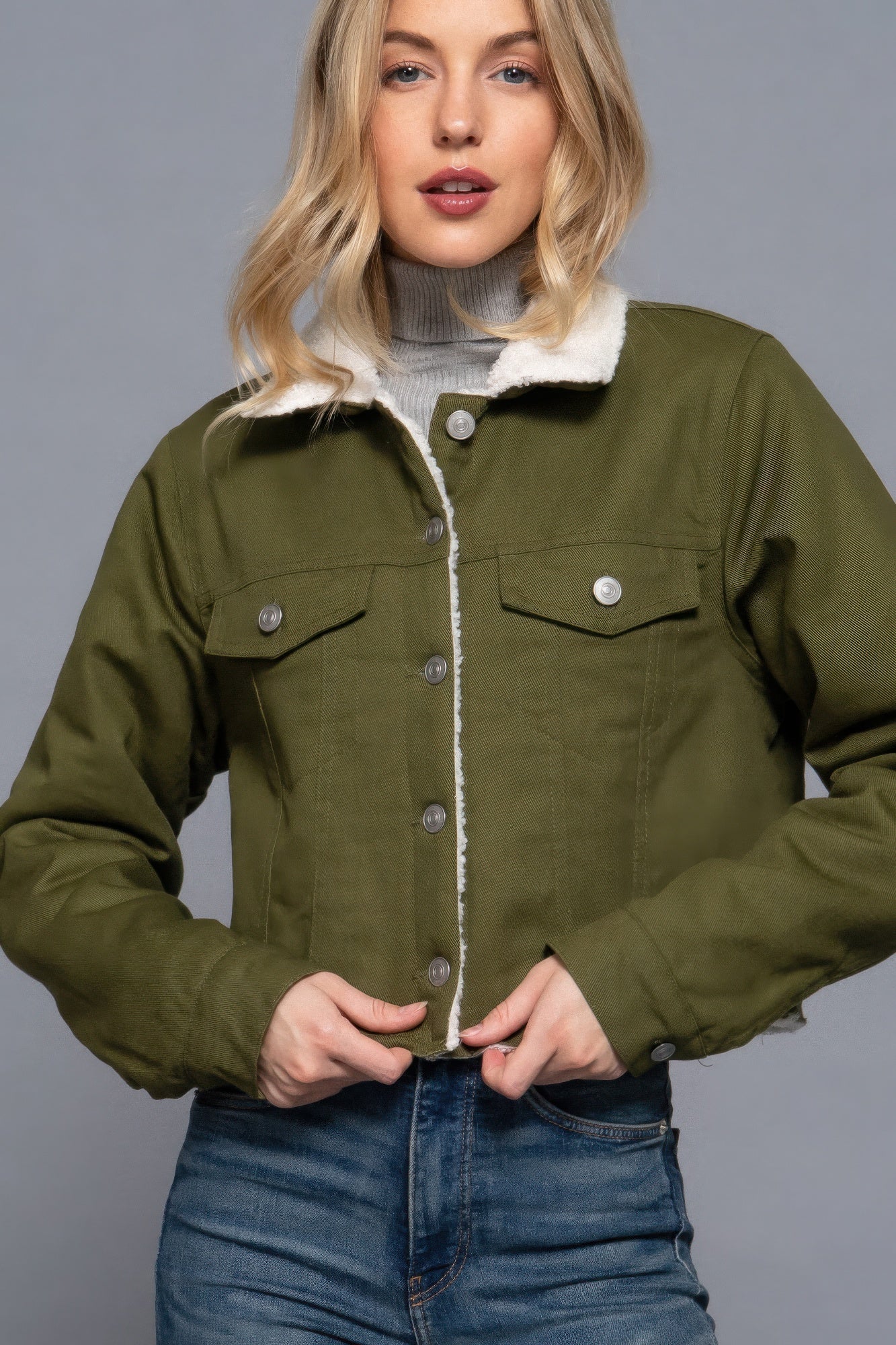 Button Closure Sherpa-lined Twill Jacket - ShopEasier