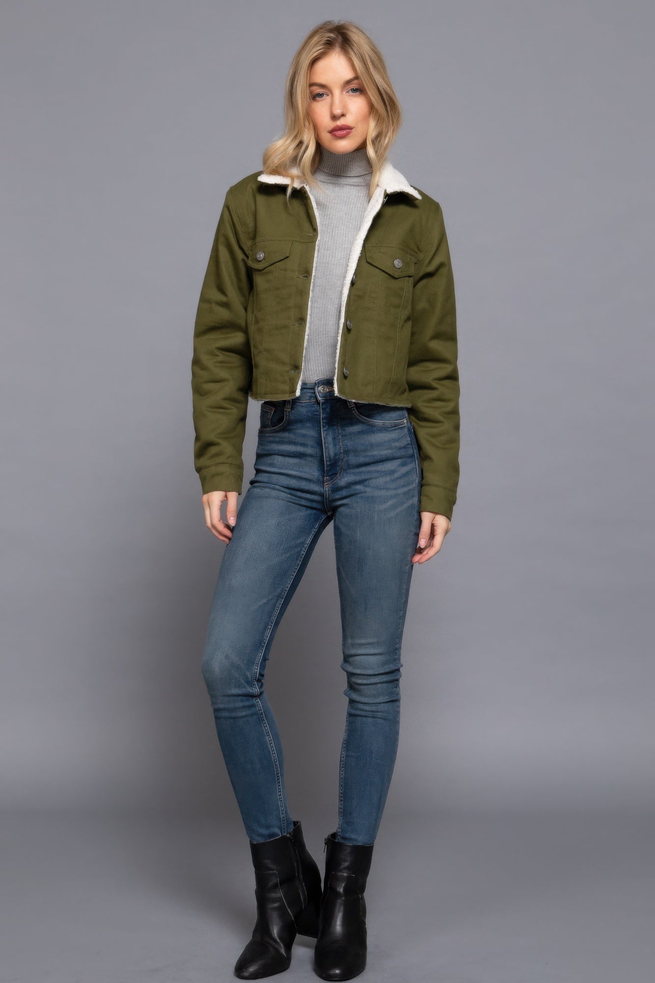 Button Closure Sherpa-lined Twill Jacket - ShopEasier