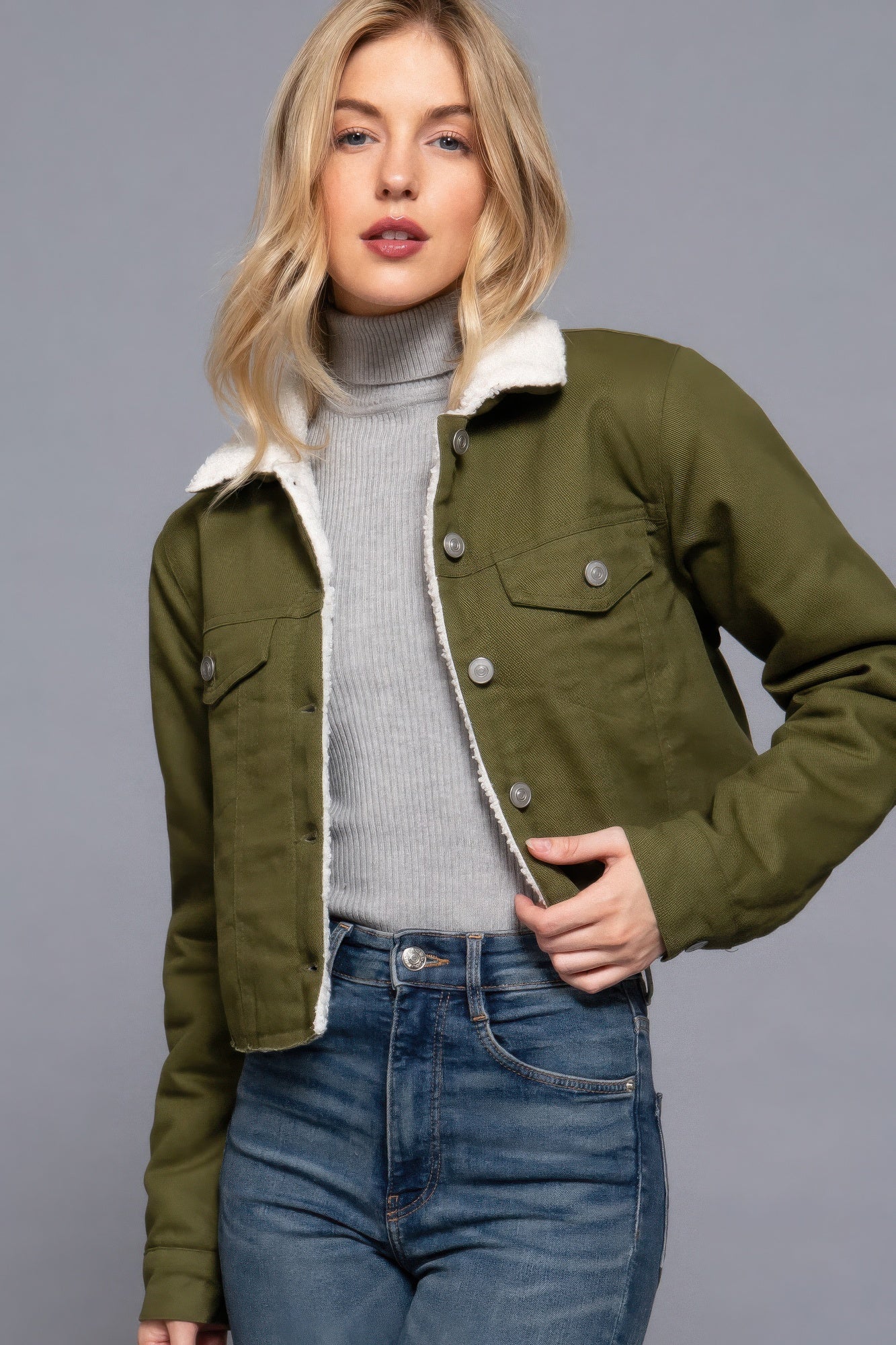 Button Closure Sherpa-lined Twill Jacket - ShopEasier