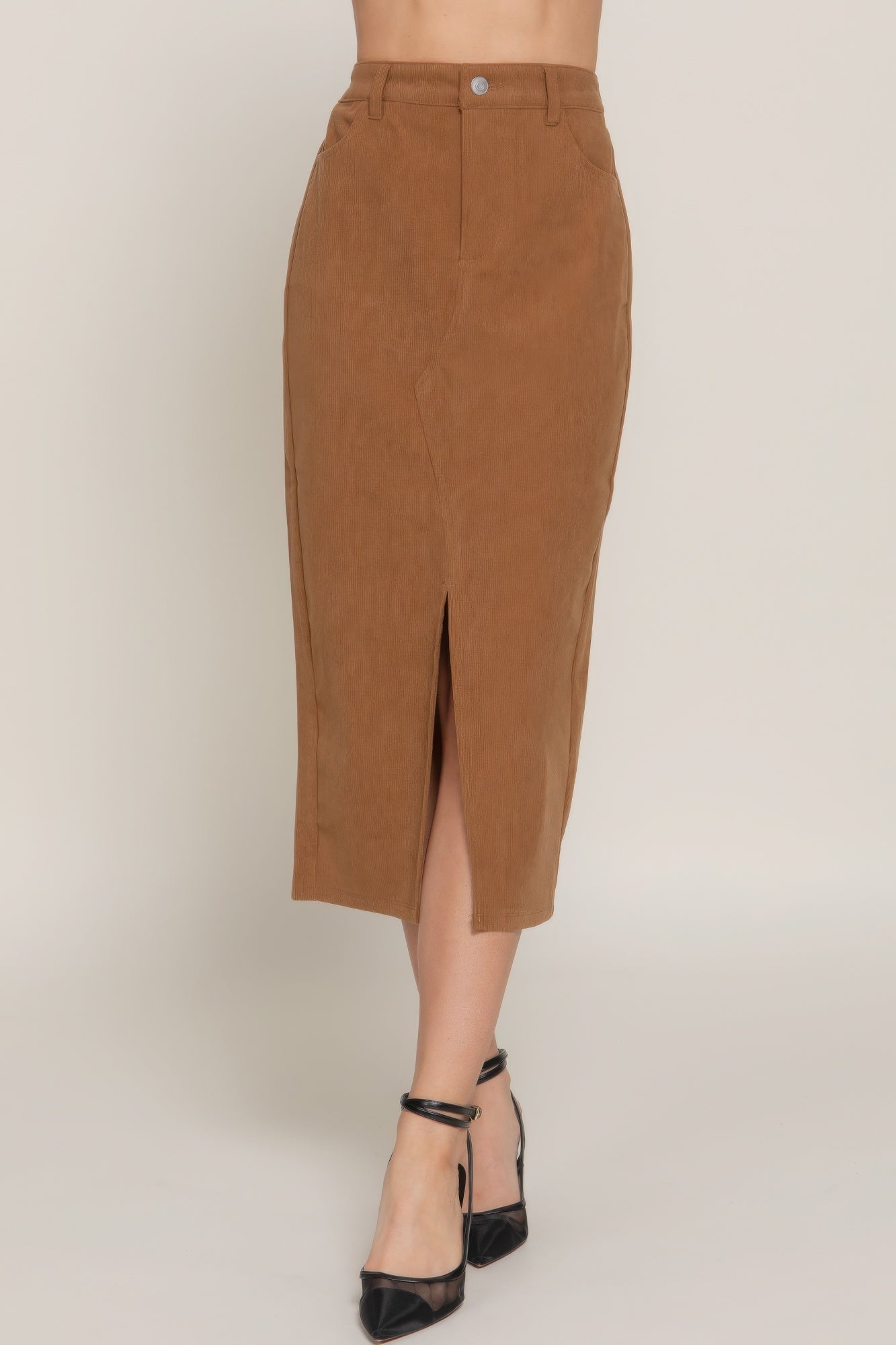 Front Open Slit Corduroy Midi Skirt - ShopEasier