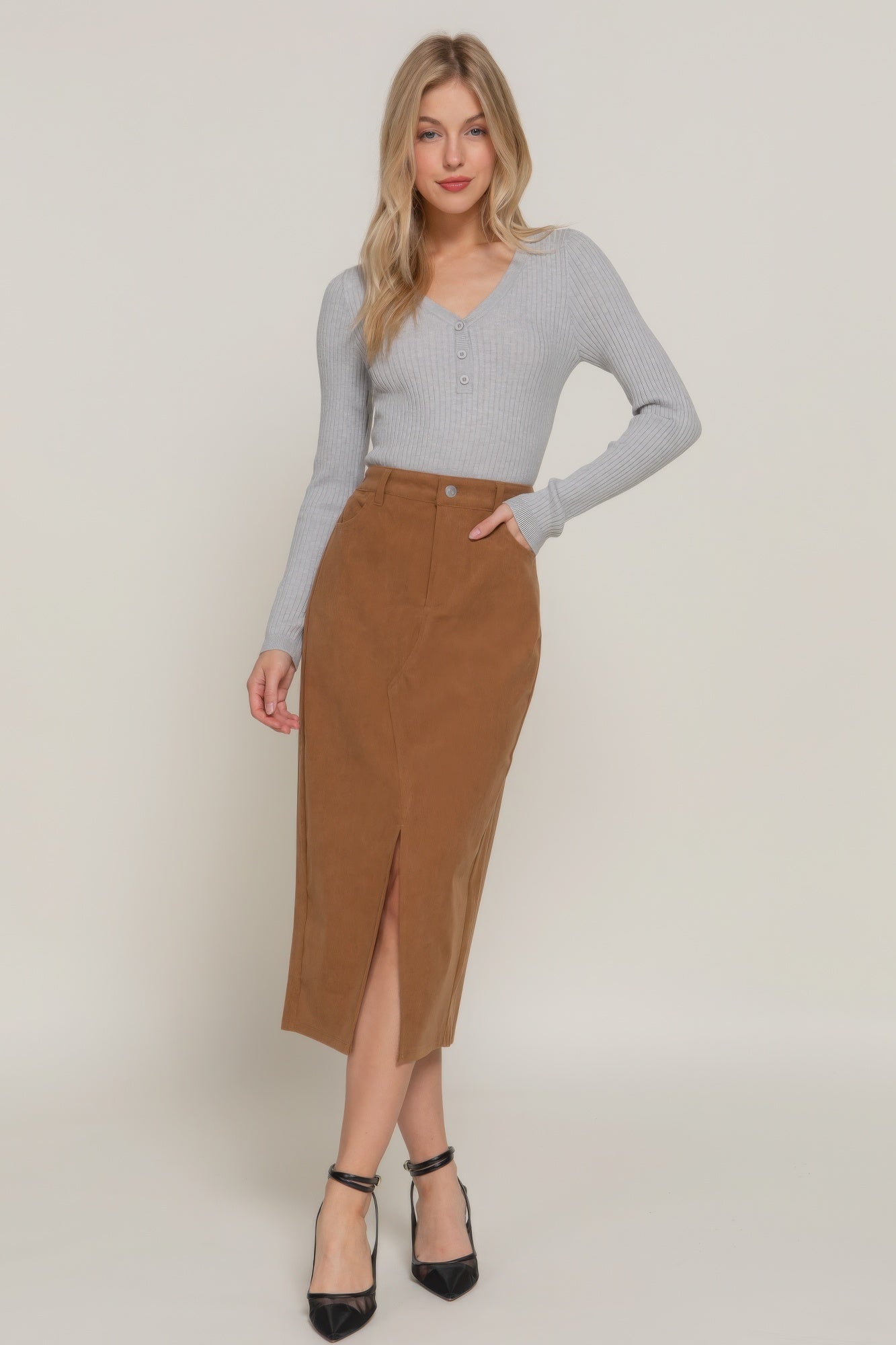 Front Open Slit Corduroy Midi Skirt - ShopEasier