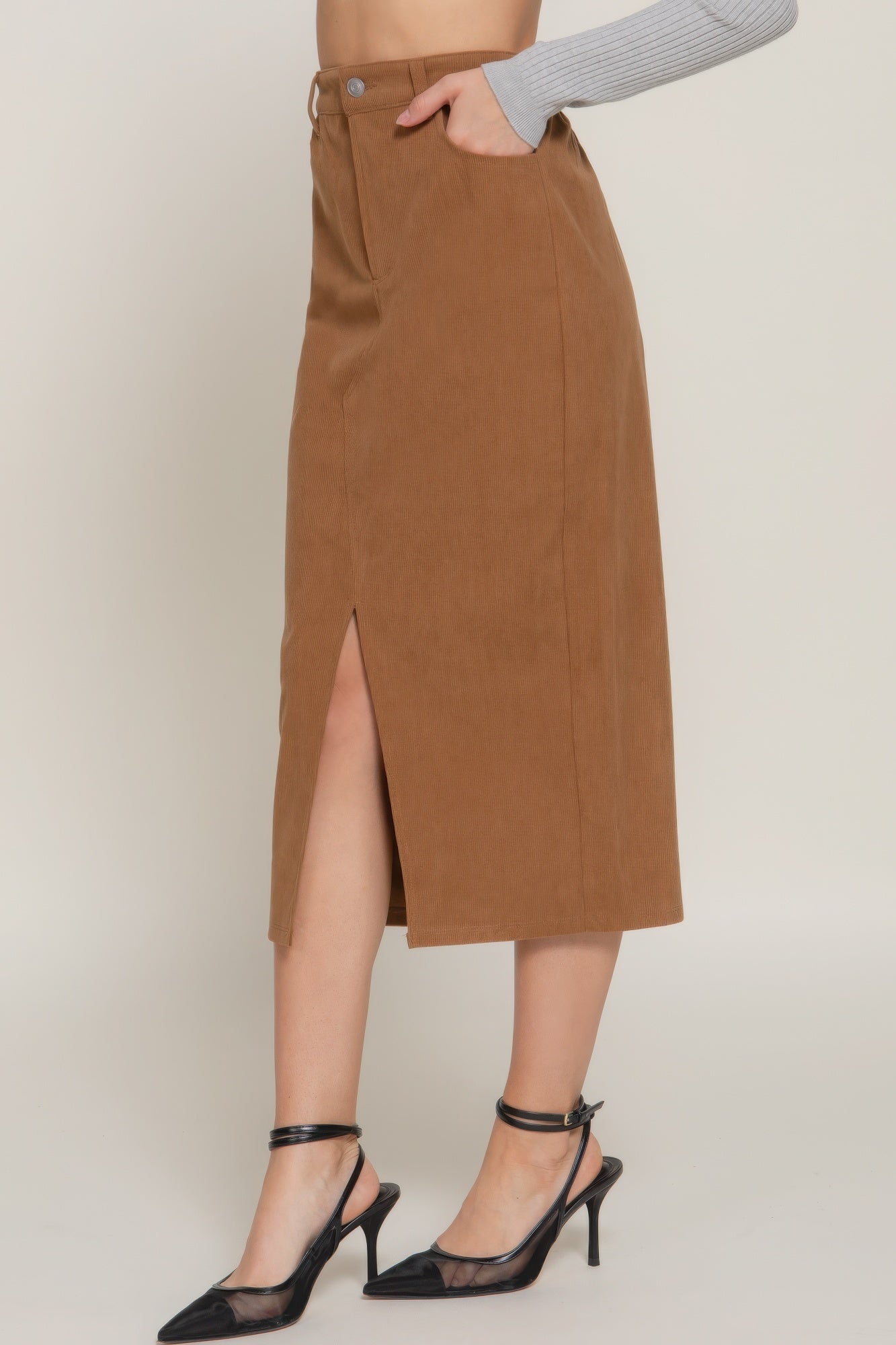 Front Open Slit Corduroy Midi Skirt - ShopEasier