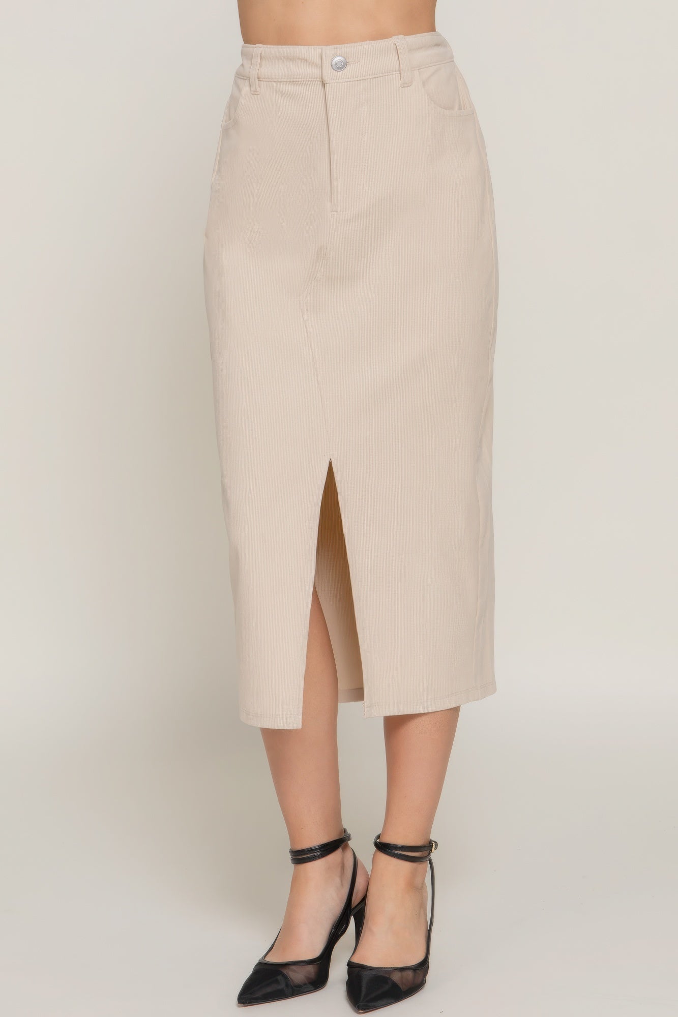 Front Open Slit Corduroy Midi Skirt - ShopEasier