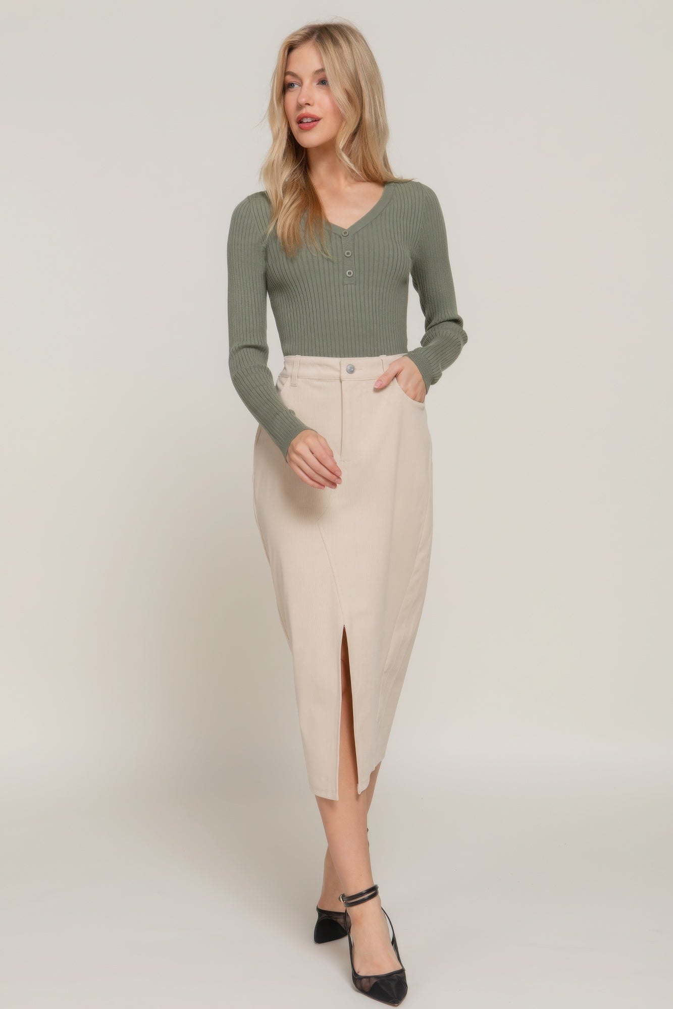 Front Open Slit Corduroy Midi Skirt - ShopEasier