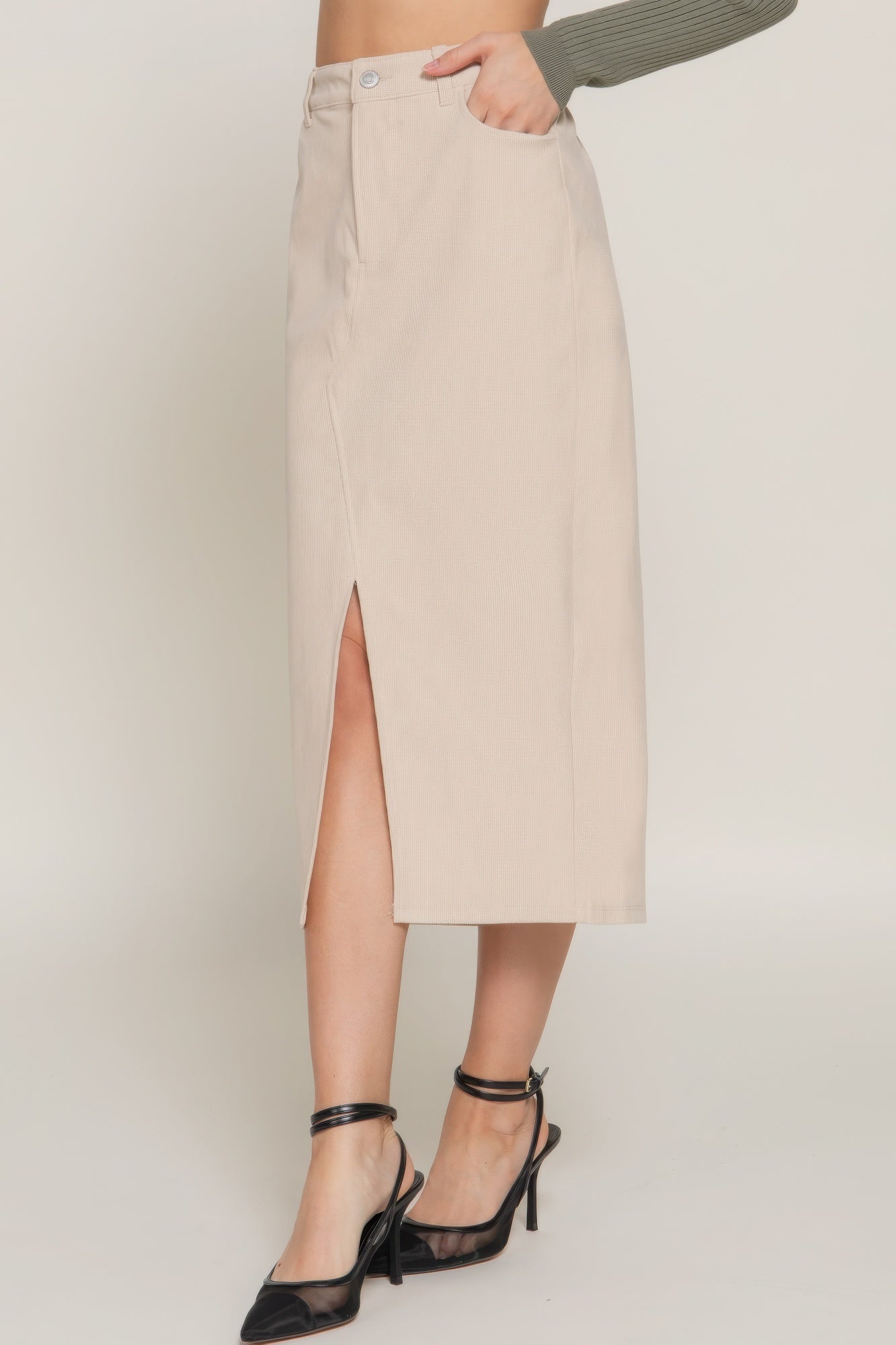 Front Open Slit Corduroy Midi Skirt - ShopEasier