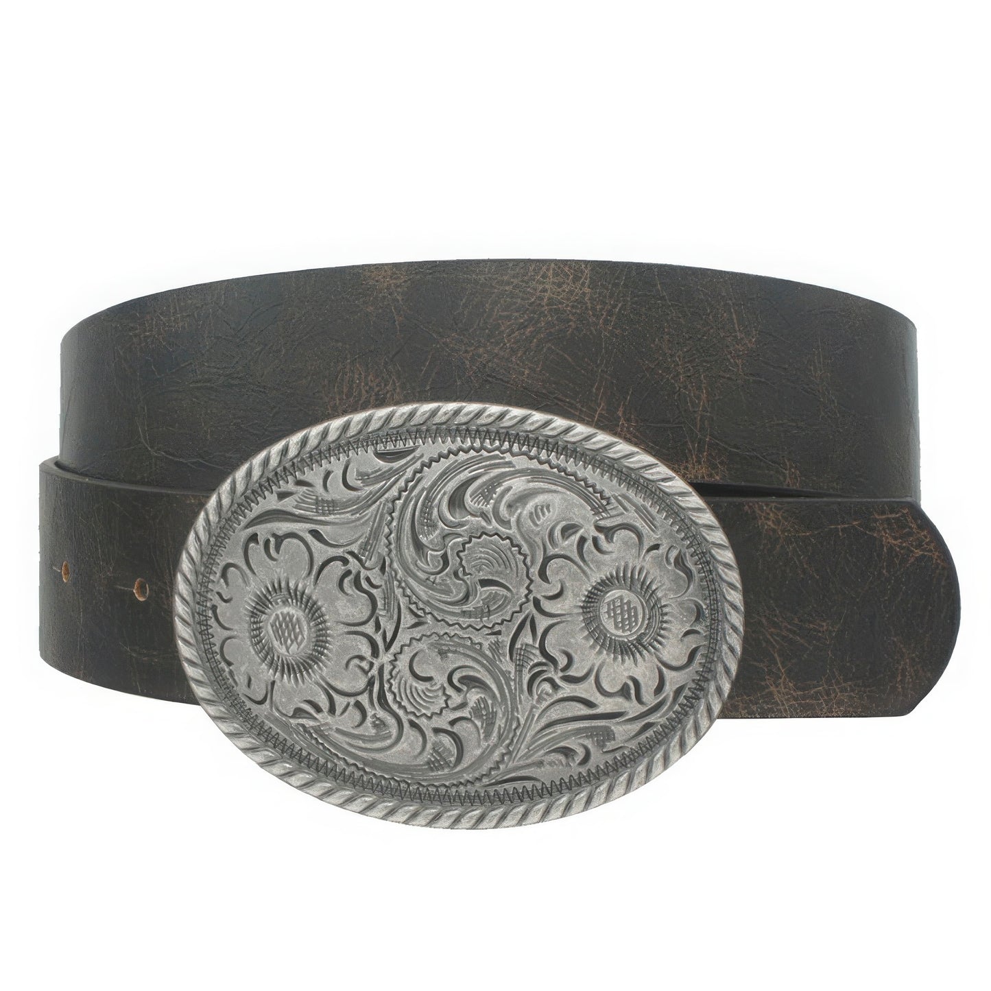 Flower Embossed Oval Buckle Vintage Strap Belt - ShopEasier