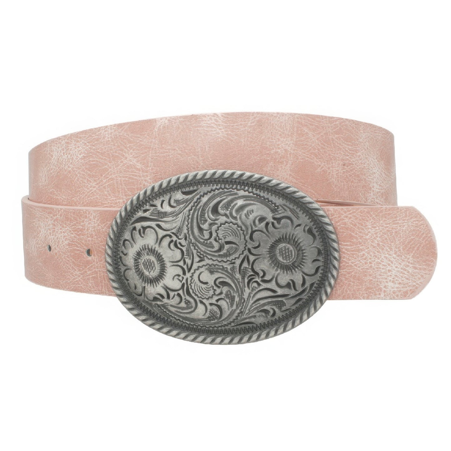 Flower Embossed Oval Buckle Vintage Strap Belt - ShopEasier