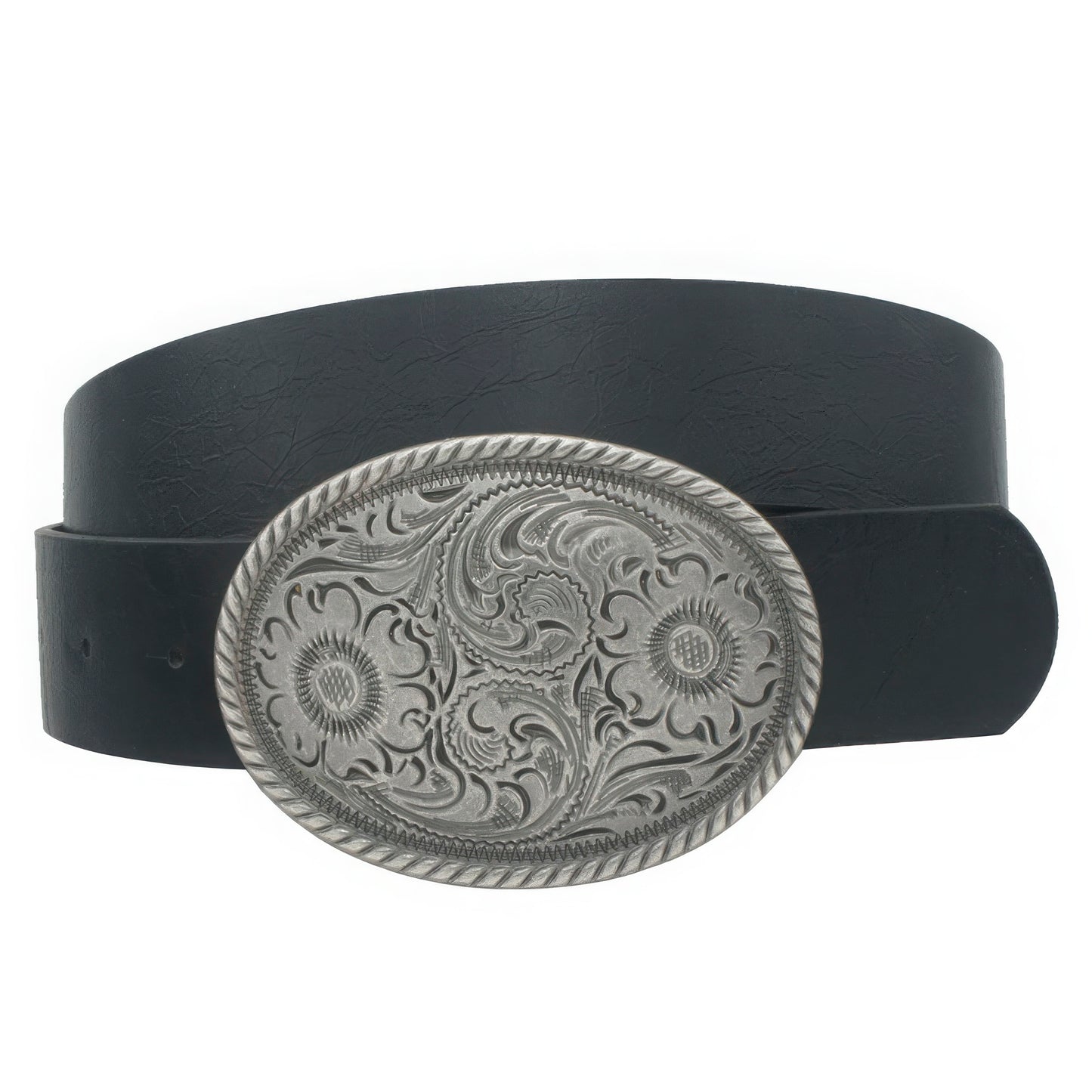 Flower Embossed Oval Buckle Vintage Strap Belt - ShopEasier