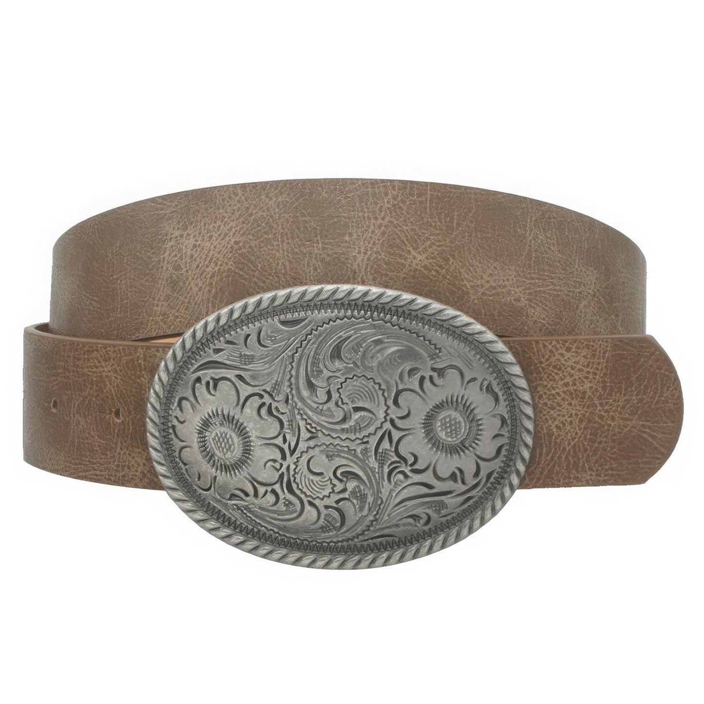 Flower Embossed Oval Buckle Vintage Strap Belt - ShopEasier