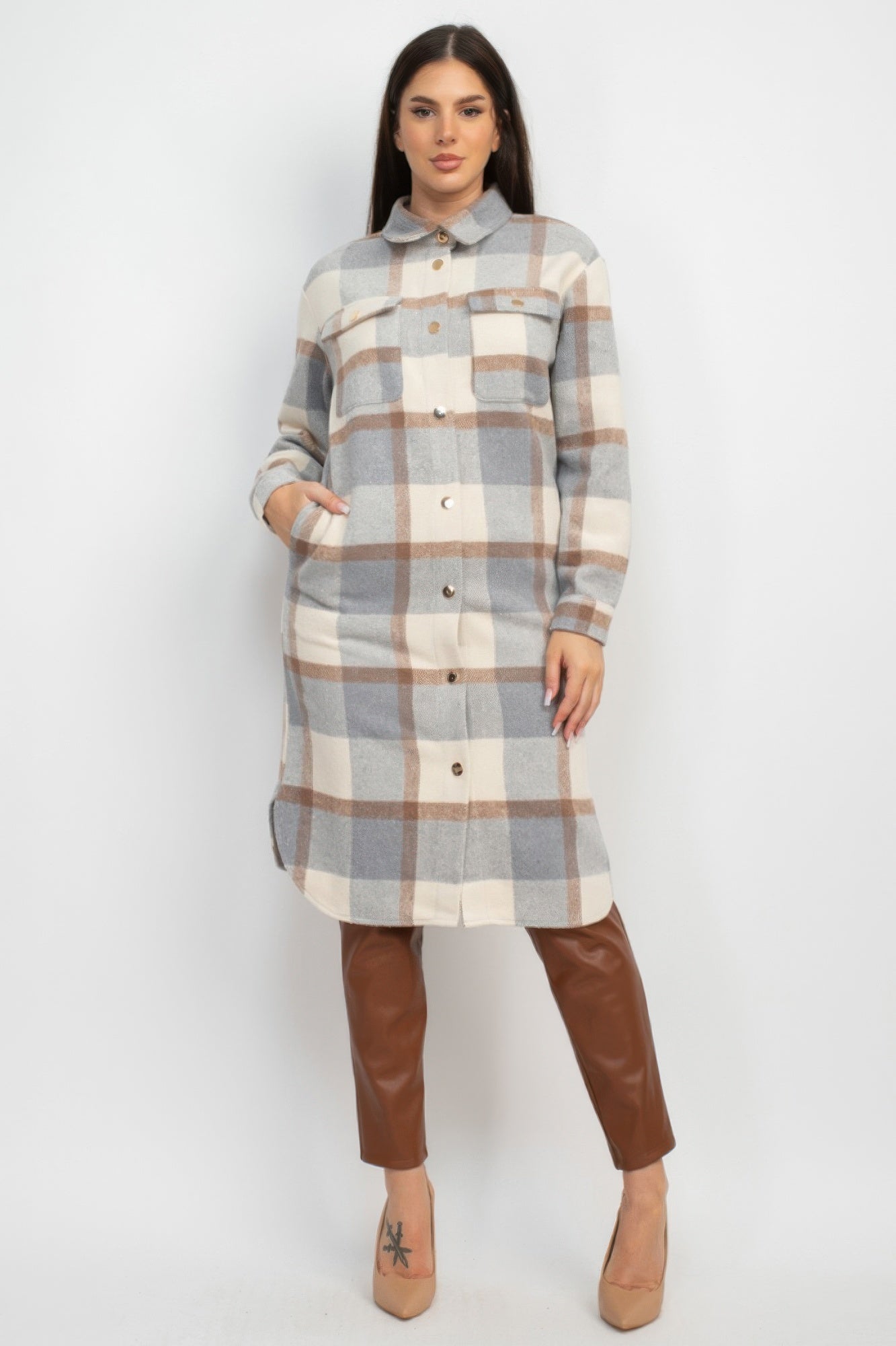 Plaid Buttoned Shacket Coat - ShopEasier