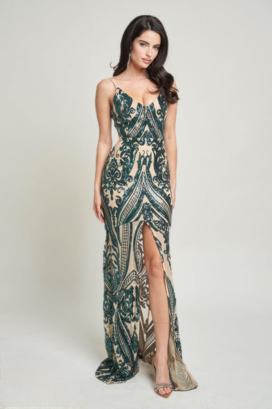 Spaghetti Strap Art Deco Sequins Maxi Dress - ShopEasier