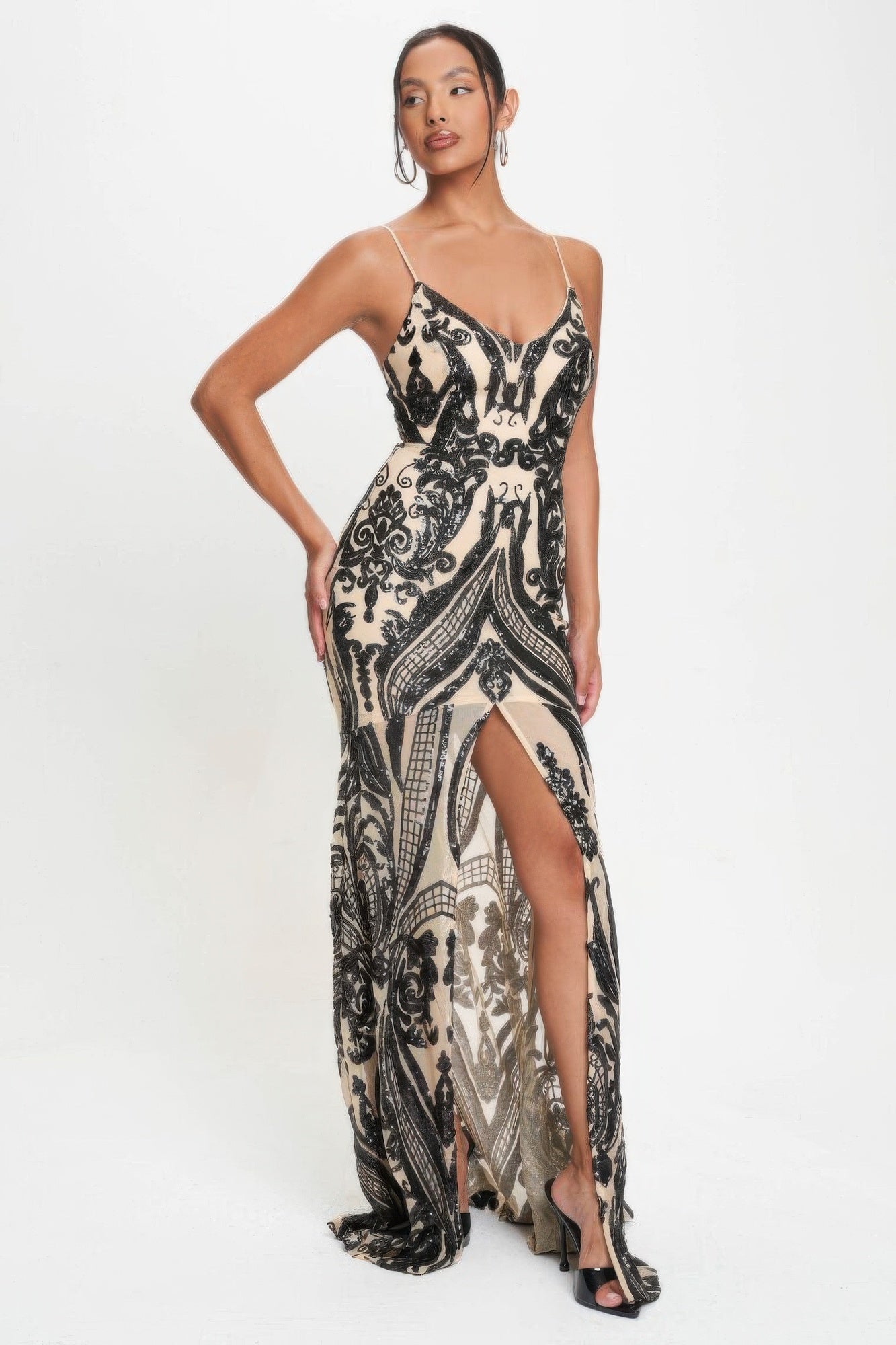 Spaghetti Strap Art Deco Sequins Maxi Dress - ShopEasier