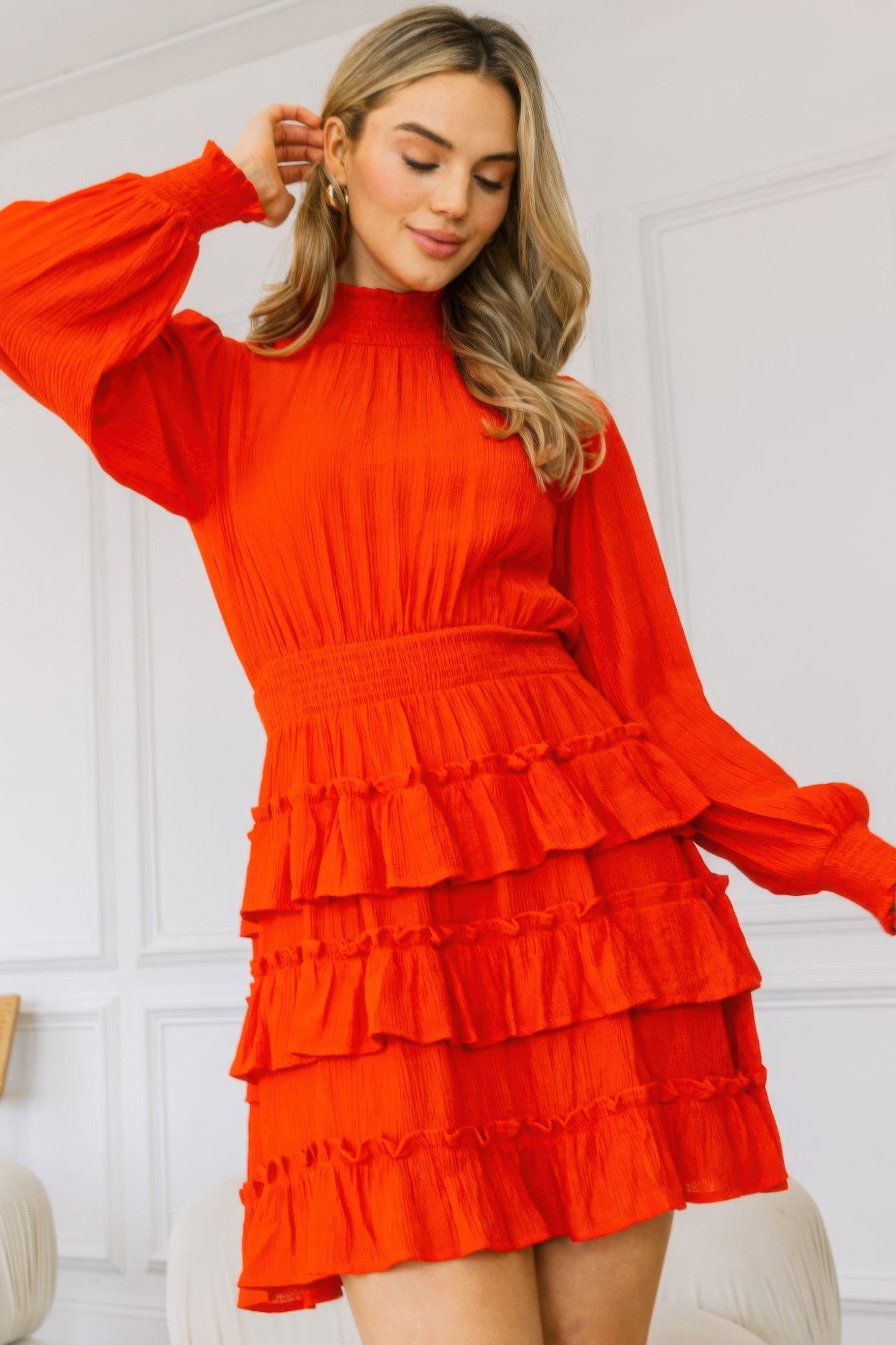 Long Sleeve Smocked Neck Tiered Ruffle Mini Dress - ShopEasier