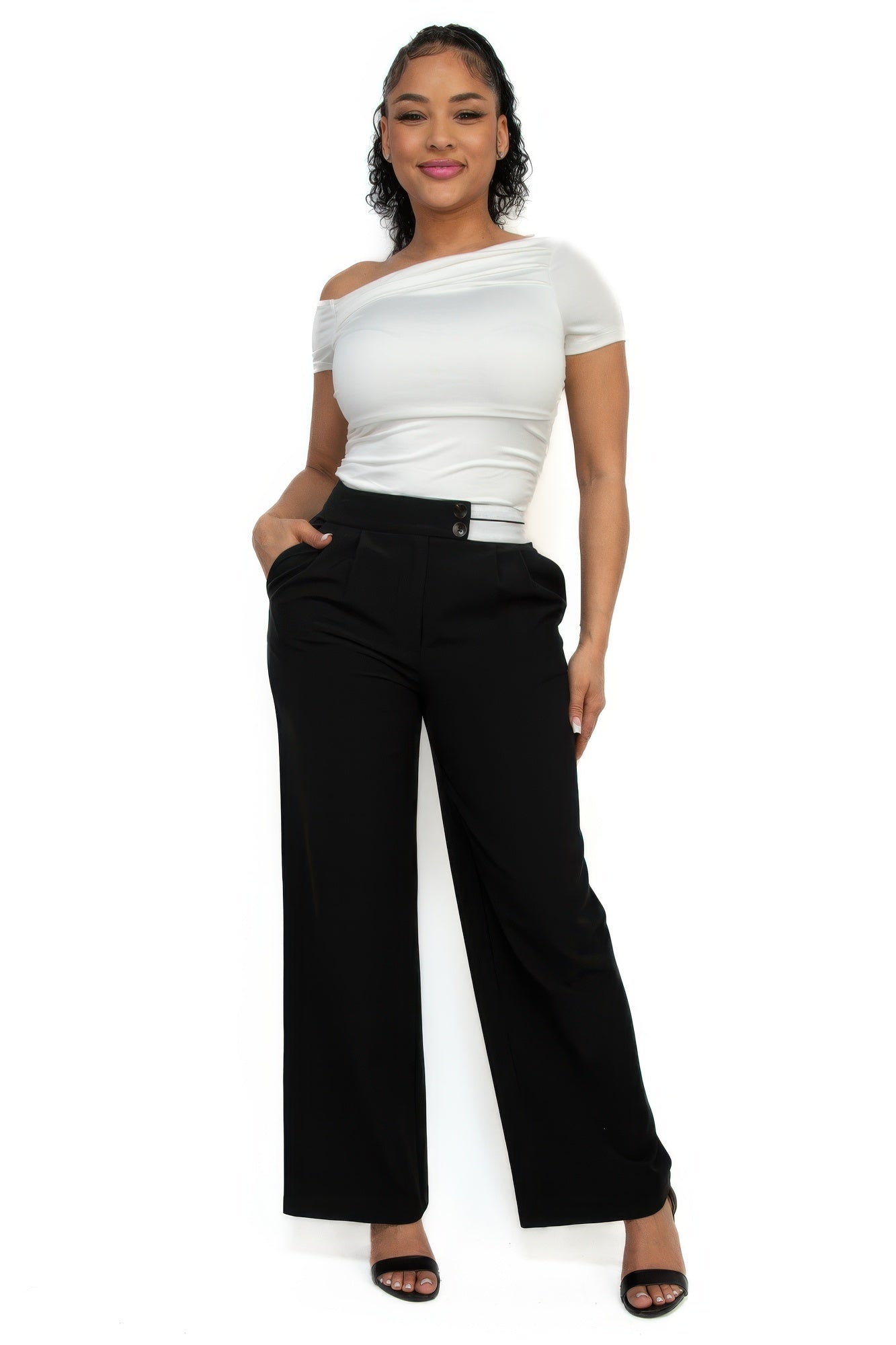 High-rise wide elastic contrast waist pants - ShopEasier