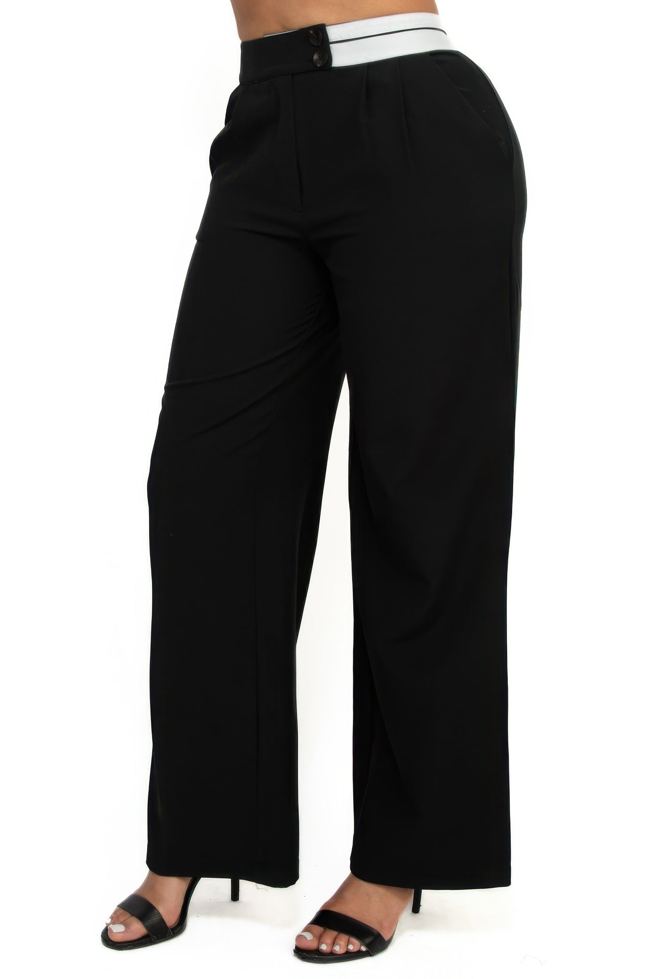 High-rise wide elastic contrast waist pants - ShopEasier