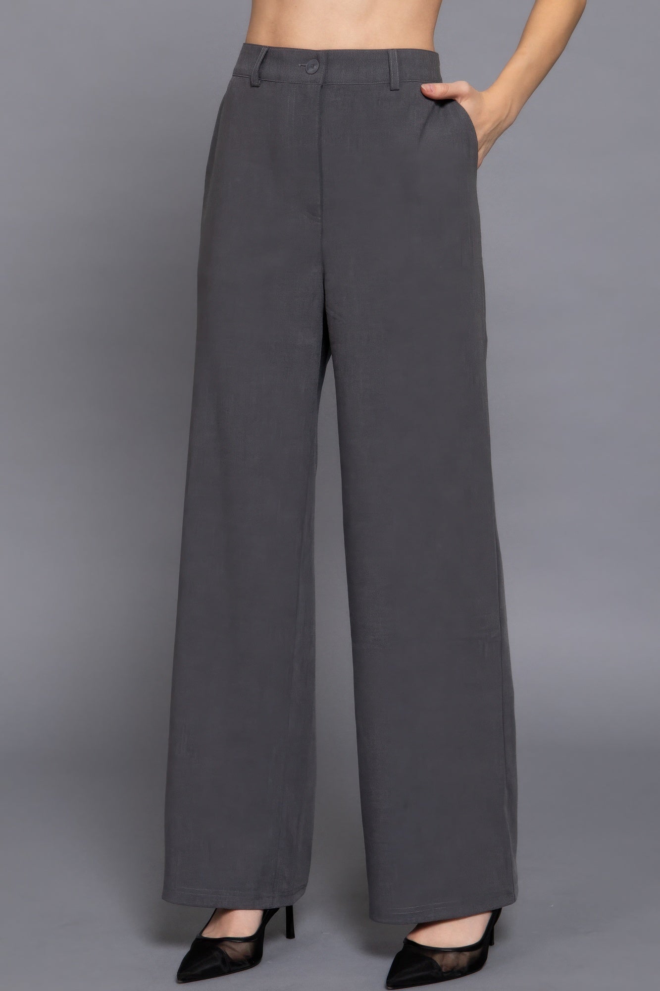 Back elastic straight woven long pants - ShopEasier