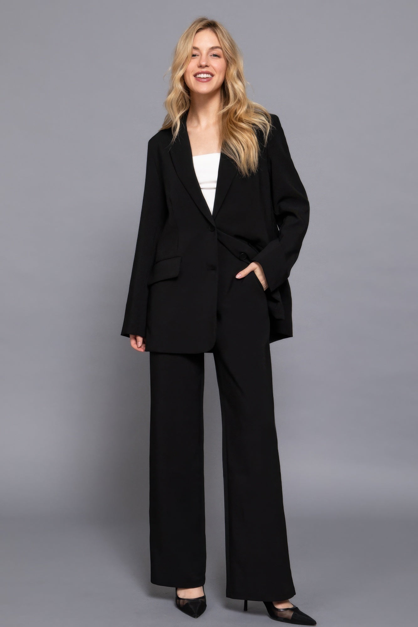 Back elastic straight woven long pants - ShopEasier