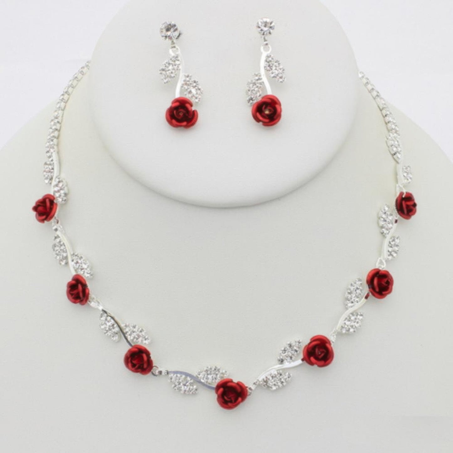 Rhinestone Rose Necklace Earring Set - ShopEasier