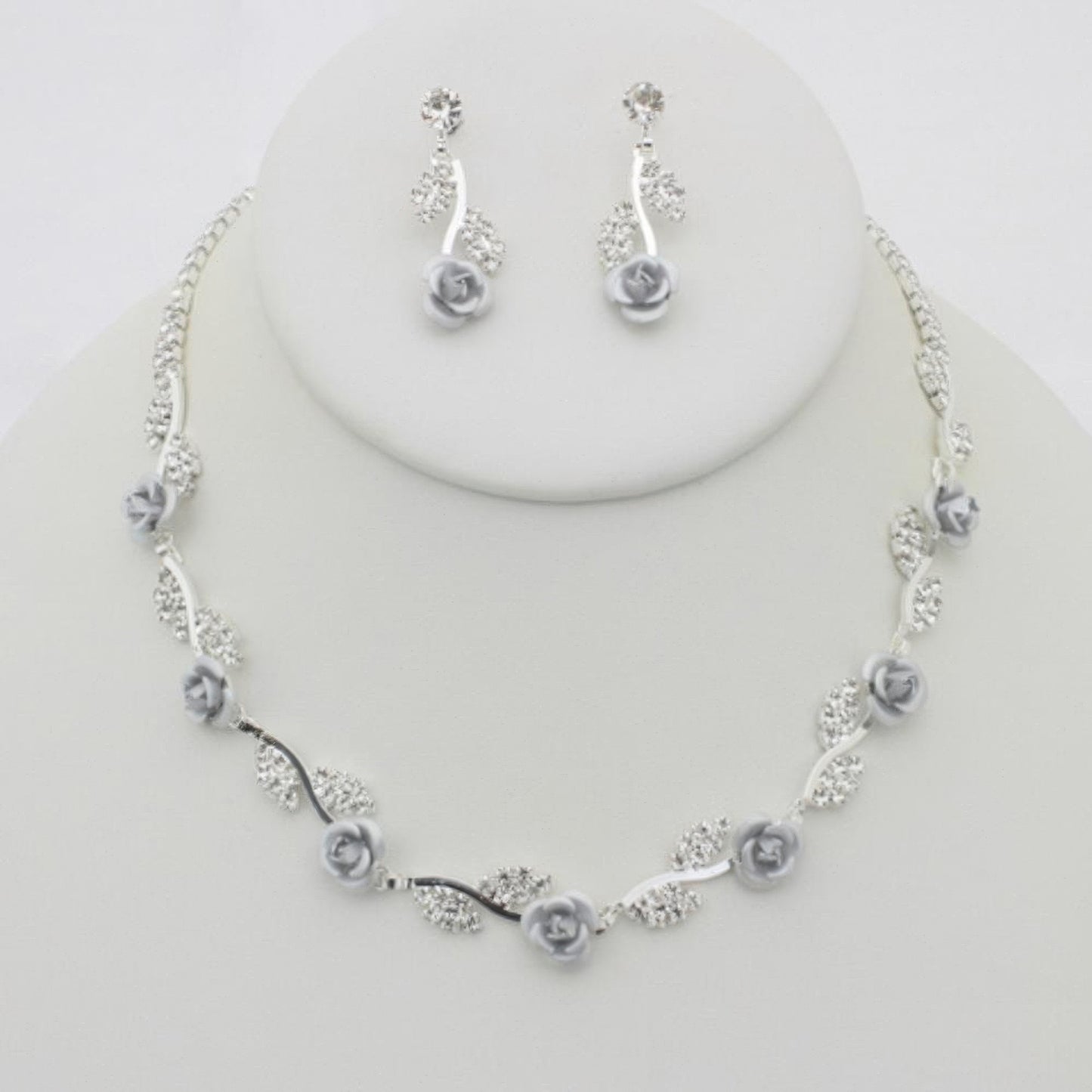 Rhinestone Rose Necklace Earring Set - ShopEasier