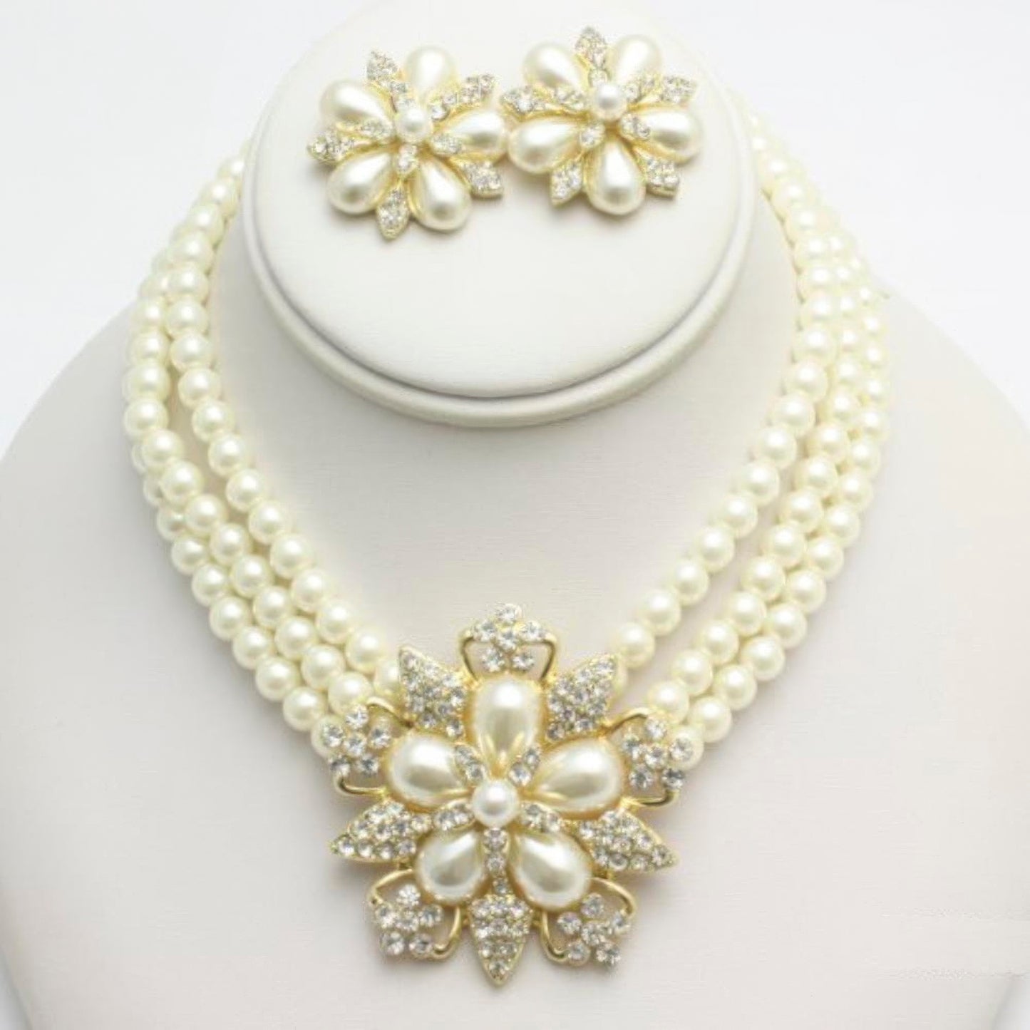 Rhinestone Pearl Flower Necklace Earring Set - ShopEasier