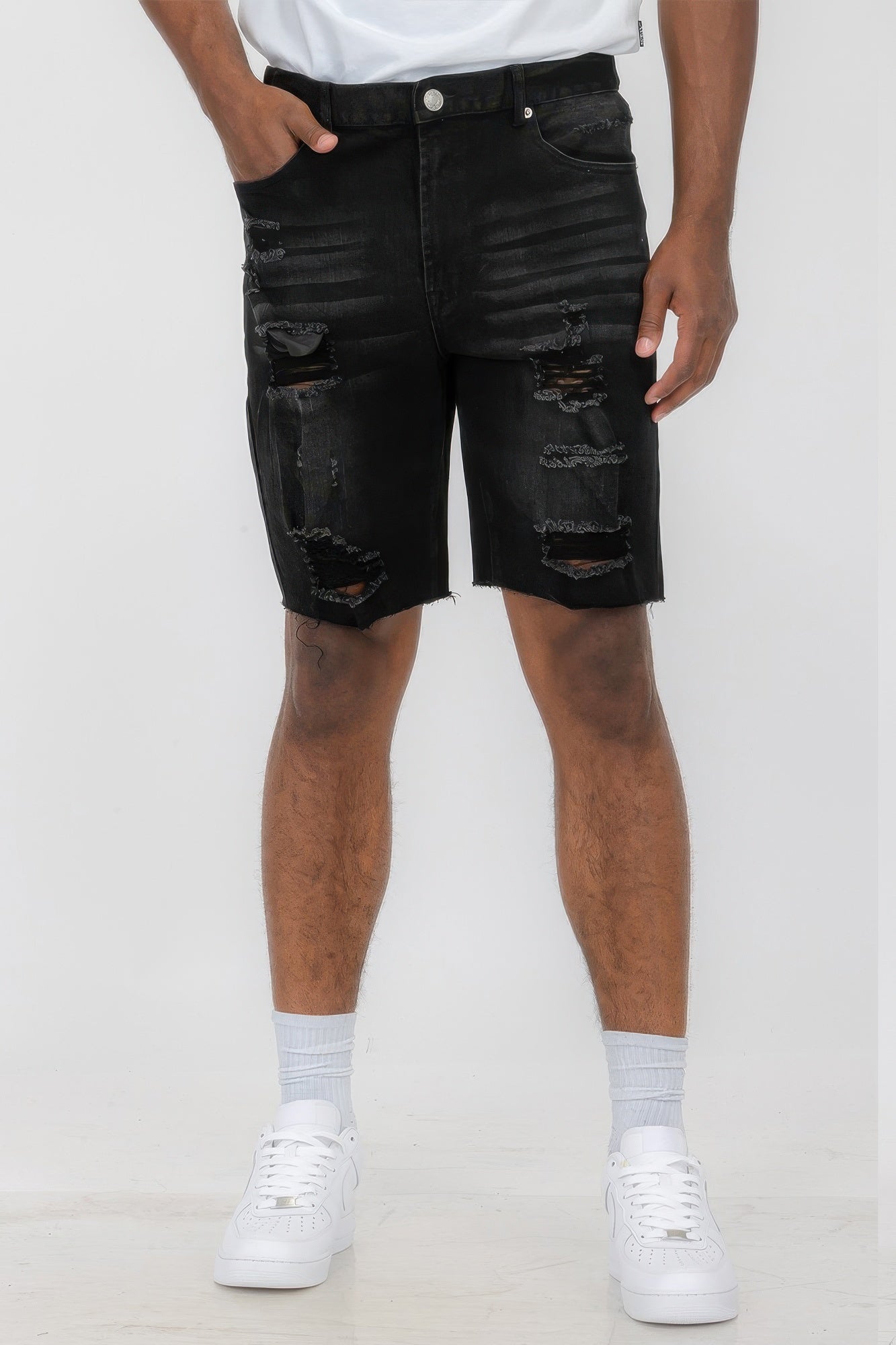 Distressed Stretch Denim Shorts