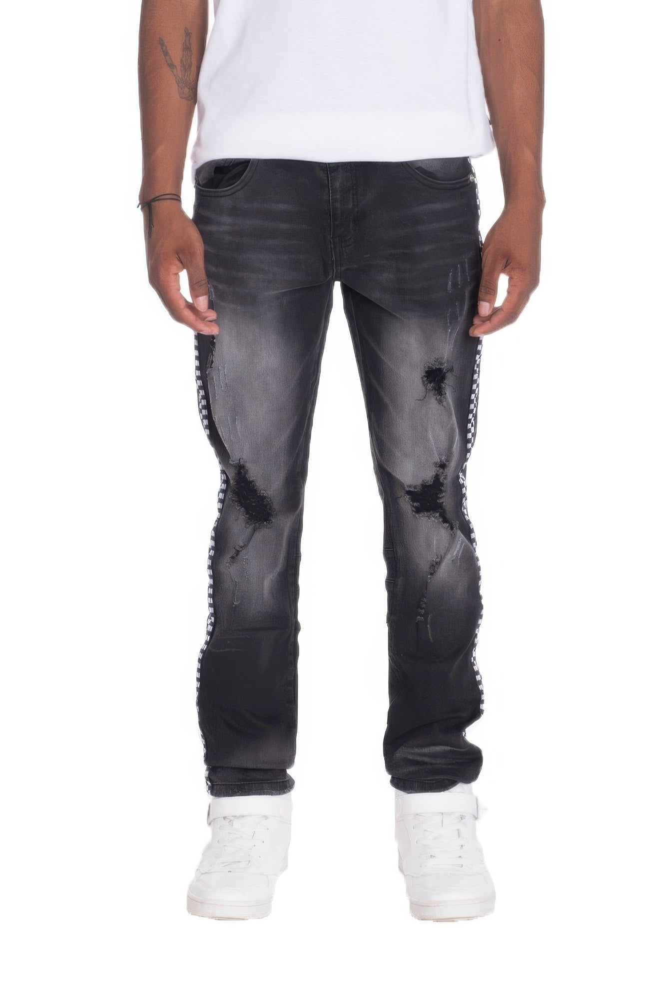 Checkered Tape Distressed Denim Tapered Pants