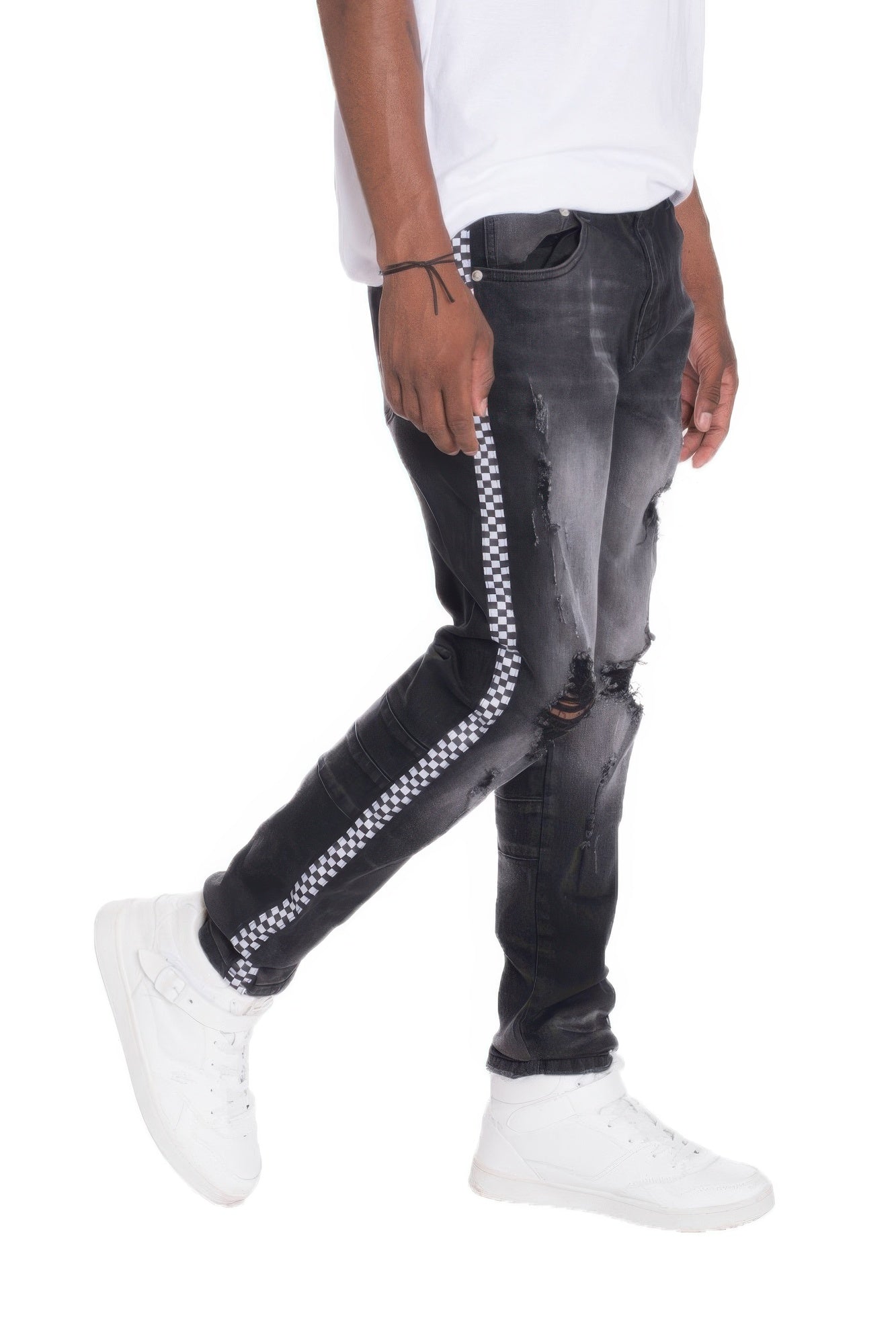 Checkered Tape Distressed Denim Tapered Pants