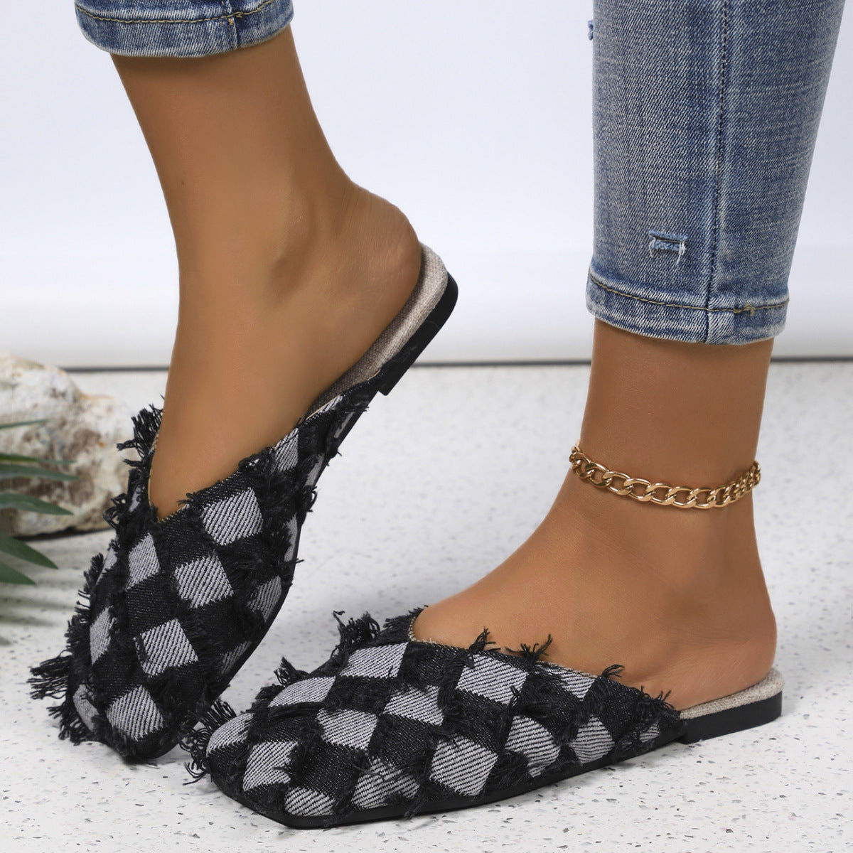 Plaid Square Toe Comfort Flats